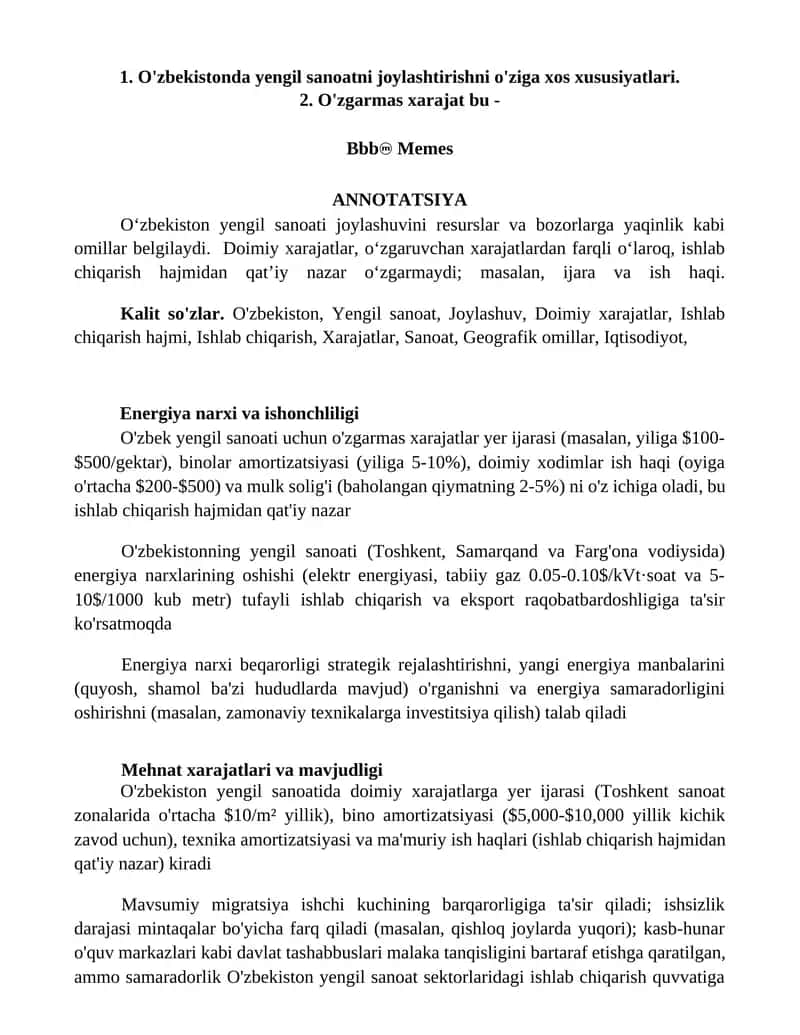 O'zbekistonda yengil sanoatni joylashtirishni o'ziga xos xususiyatlari 1