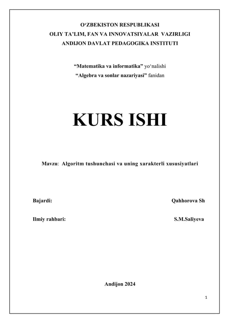 Algoritm tushunchasi va uning xarakterli xususiyatlari 1