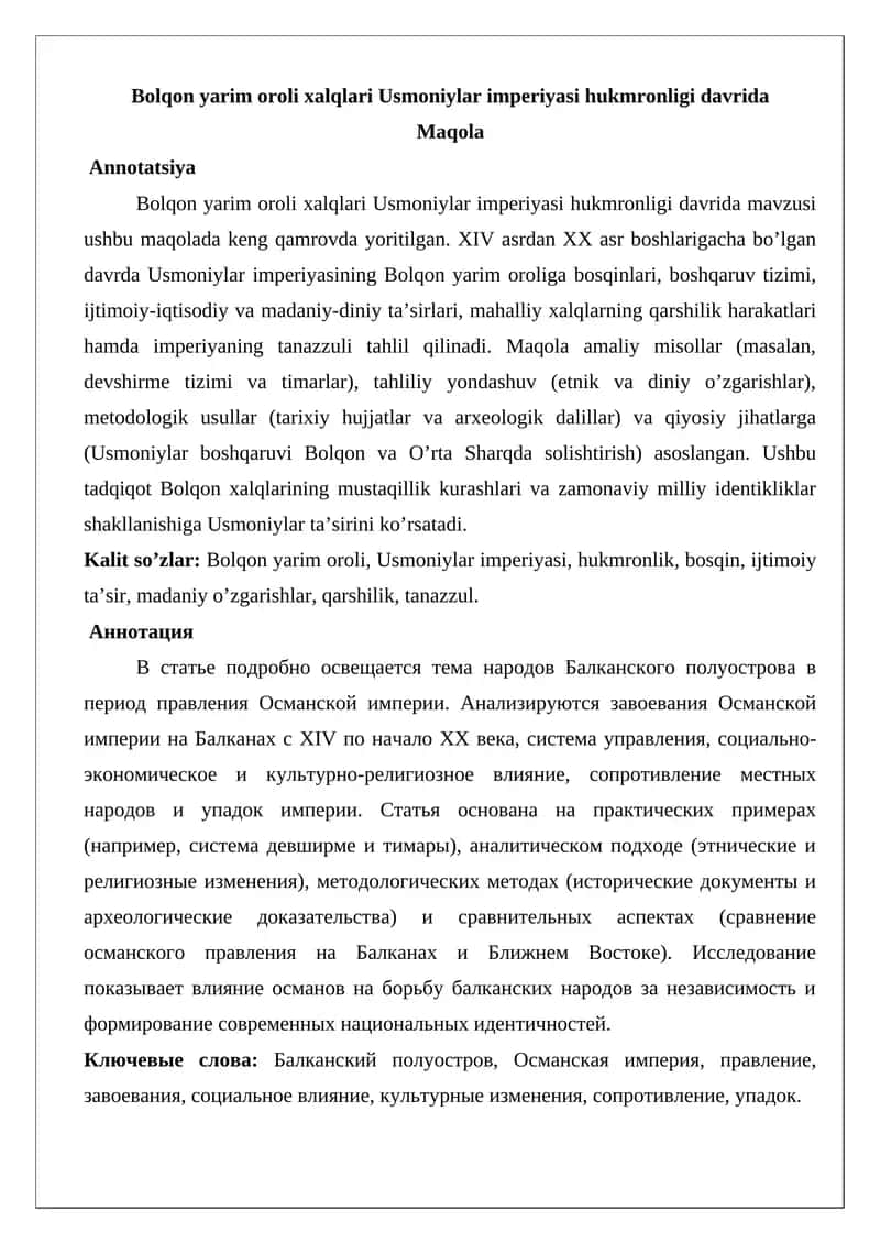 Bolqon yarim oroli xalqlari Usmoniylar imperiyasi hukmronligi davrida 1
