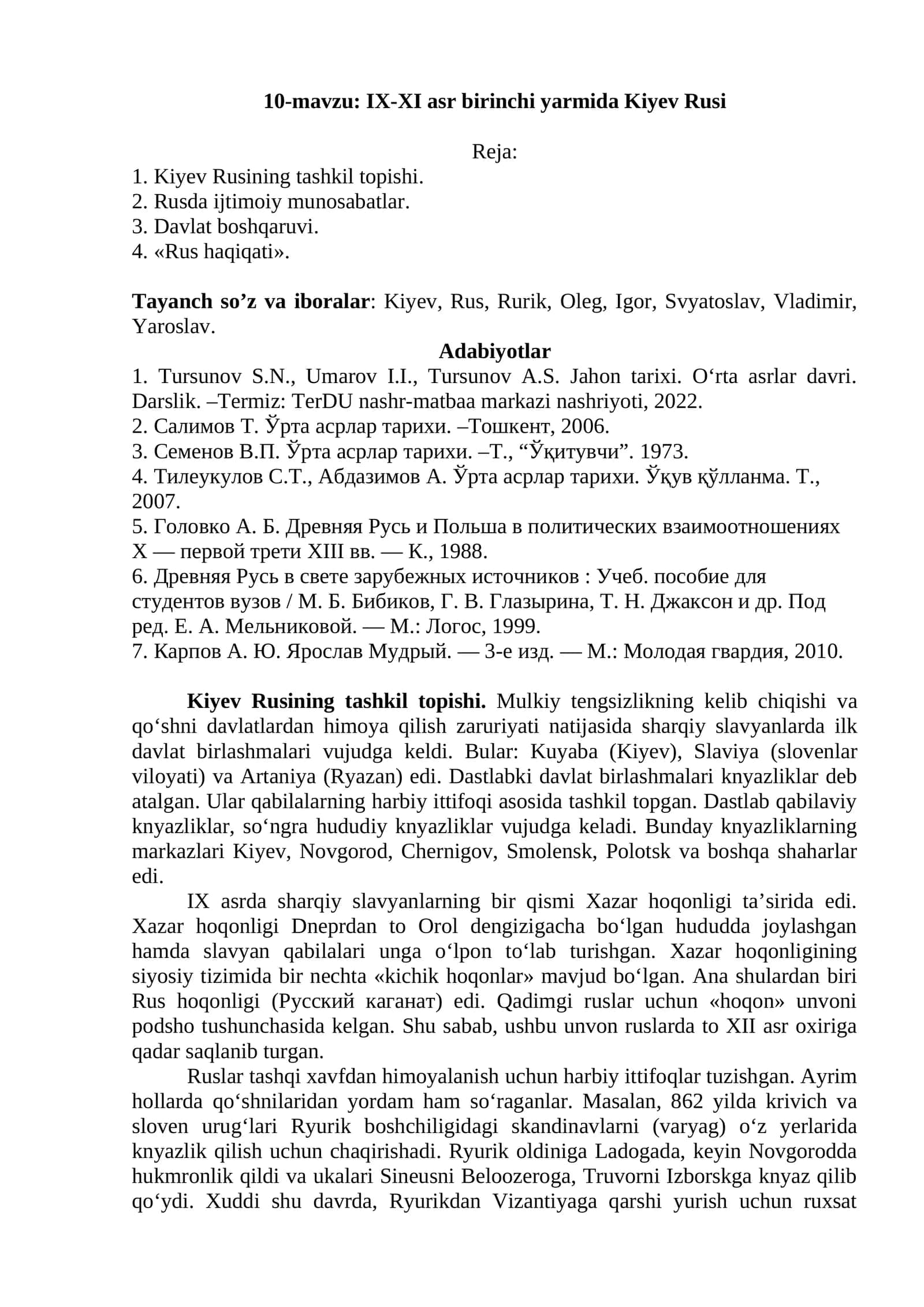 10-mavzu: IX-XI asr birinchi yarmida Kiyev Rusi 1