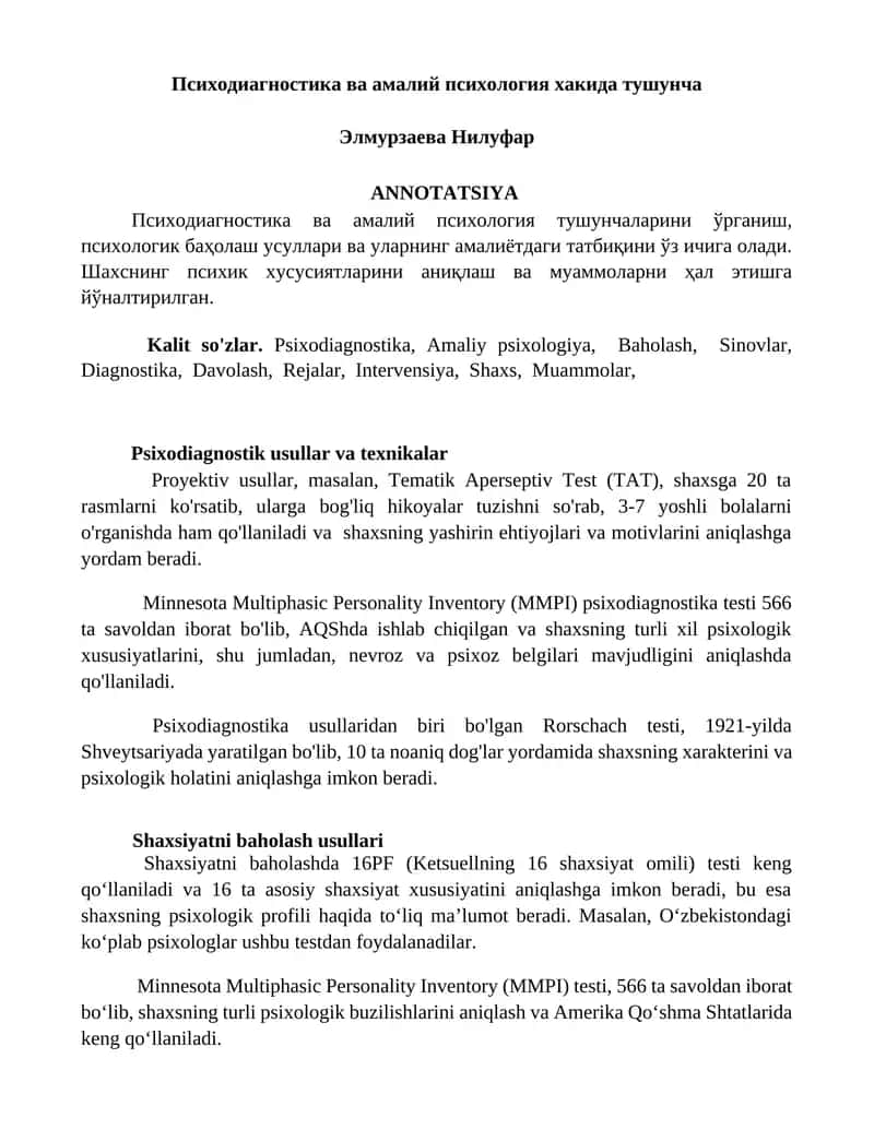 Психодиагностика ва амалий психология хакида тушунча 1