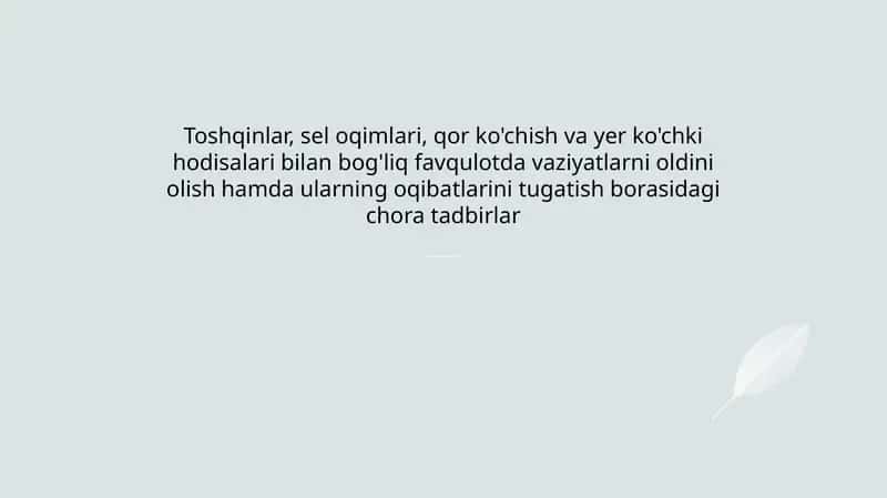 Toshqinlar, sel oqimlari, qor ko'chish va yer ko'chki hodisalari bilan bog'liq favqulotda vaziyatlarni oldini olish hamda ularning oqibatlarini tugatish borasidagi chora tadbirlar 1