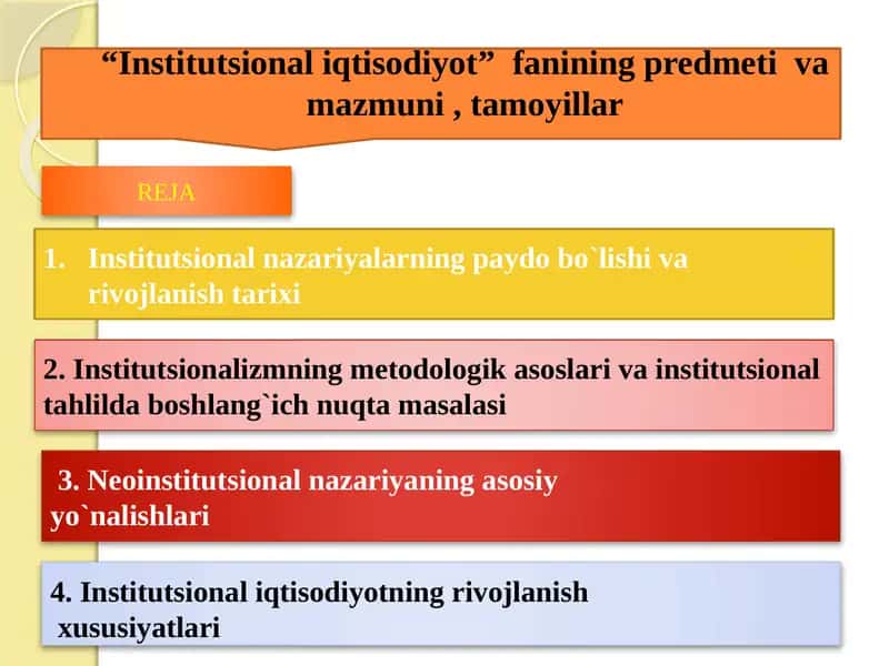 “Institutsional iqtisodiyot”  fanining predmeti  va mazmuni , tamoyillari 1