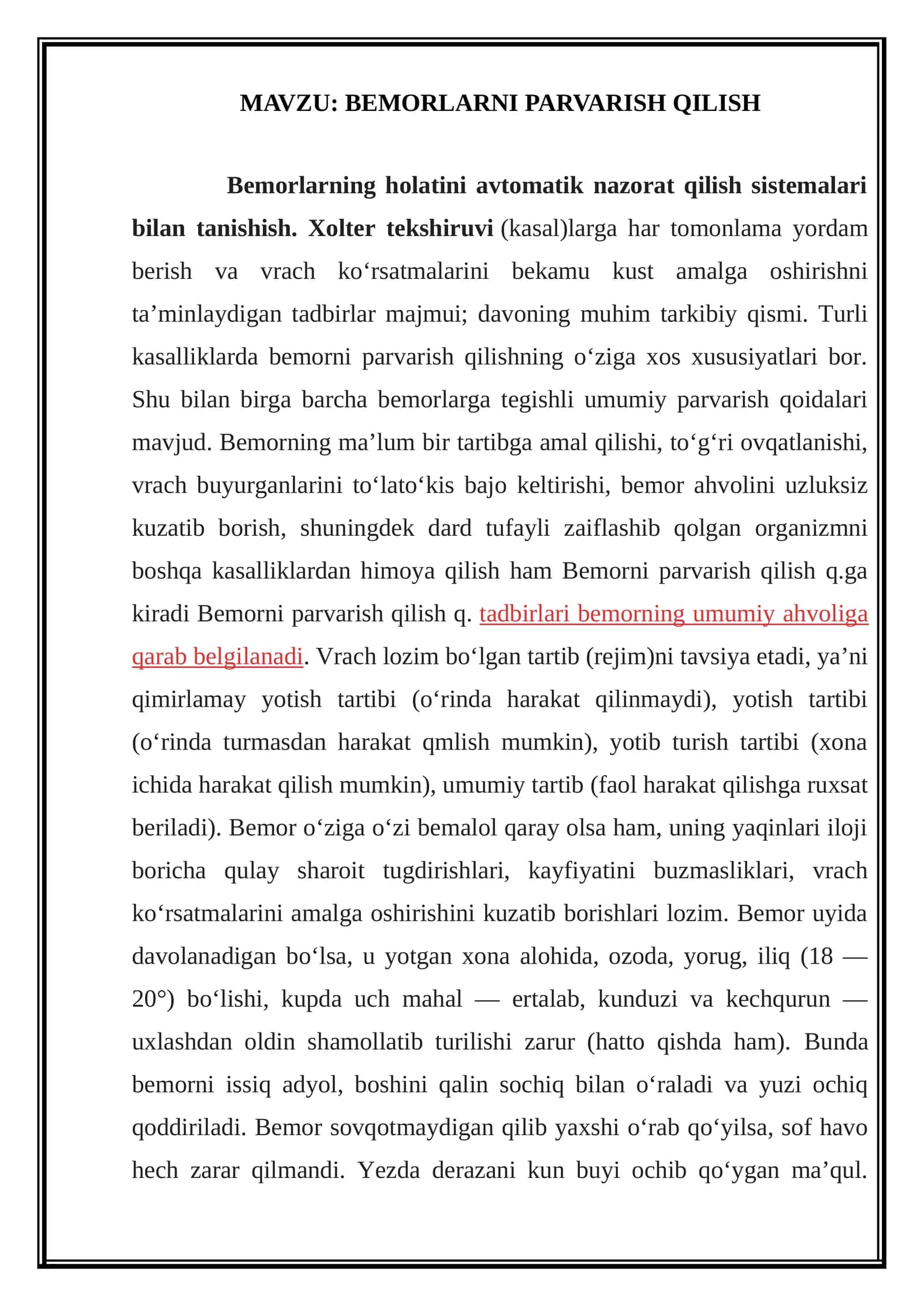 BEMORLARNI PARVARISH QILISH 1