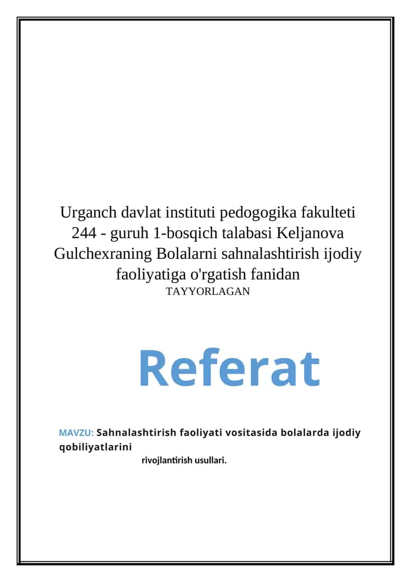 Sahnalashtirish faoliyatida bolalarda ijodiy qobiliyatlarini rivojlantirish usullari 1
