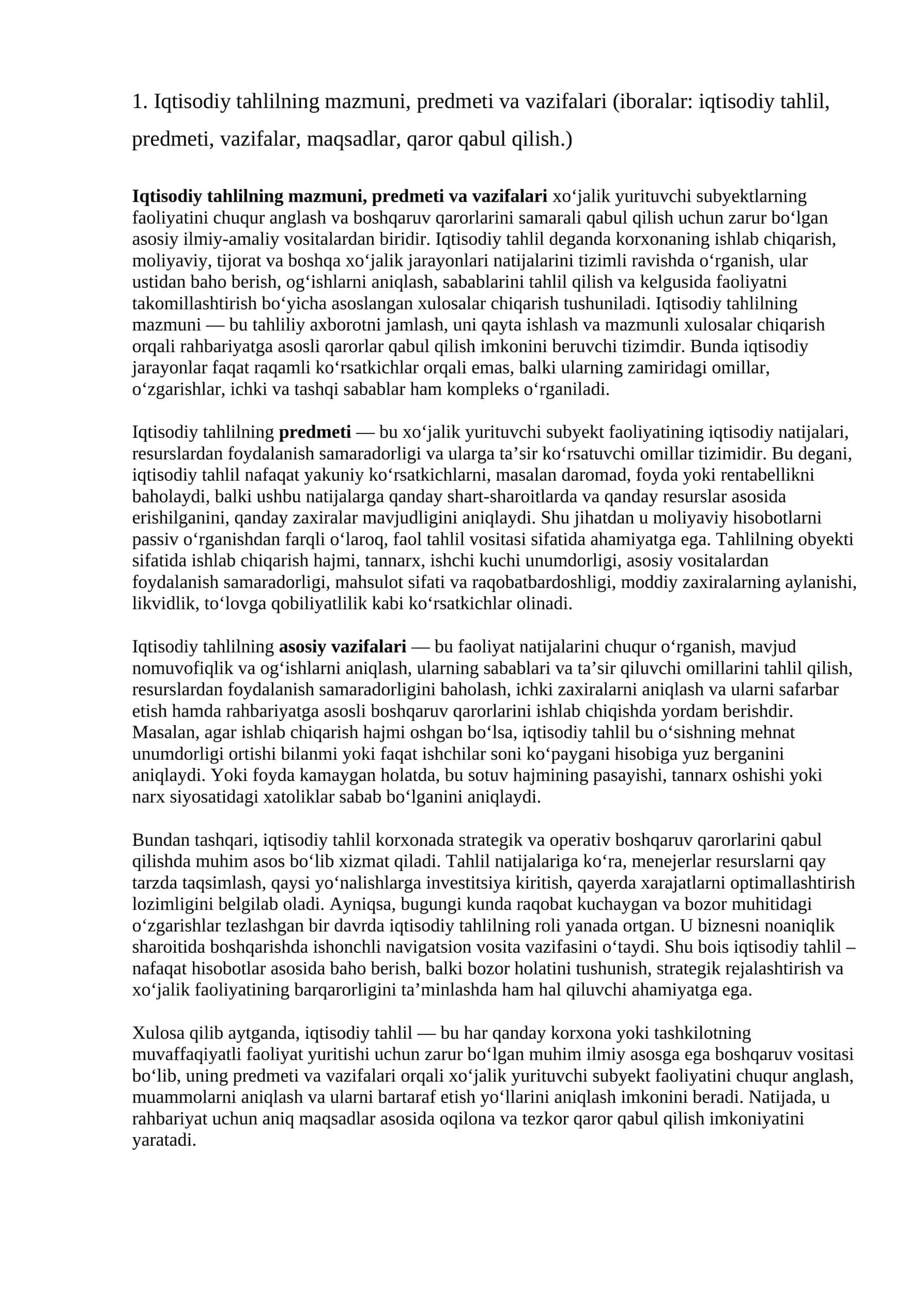 Iqtisodiy tahlilning mazmuni, predmeti va vazifalari 1