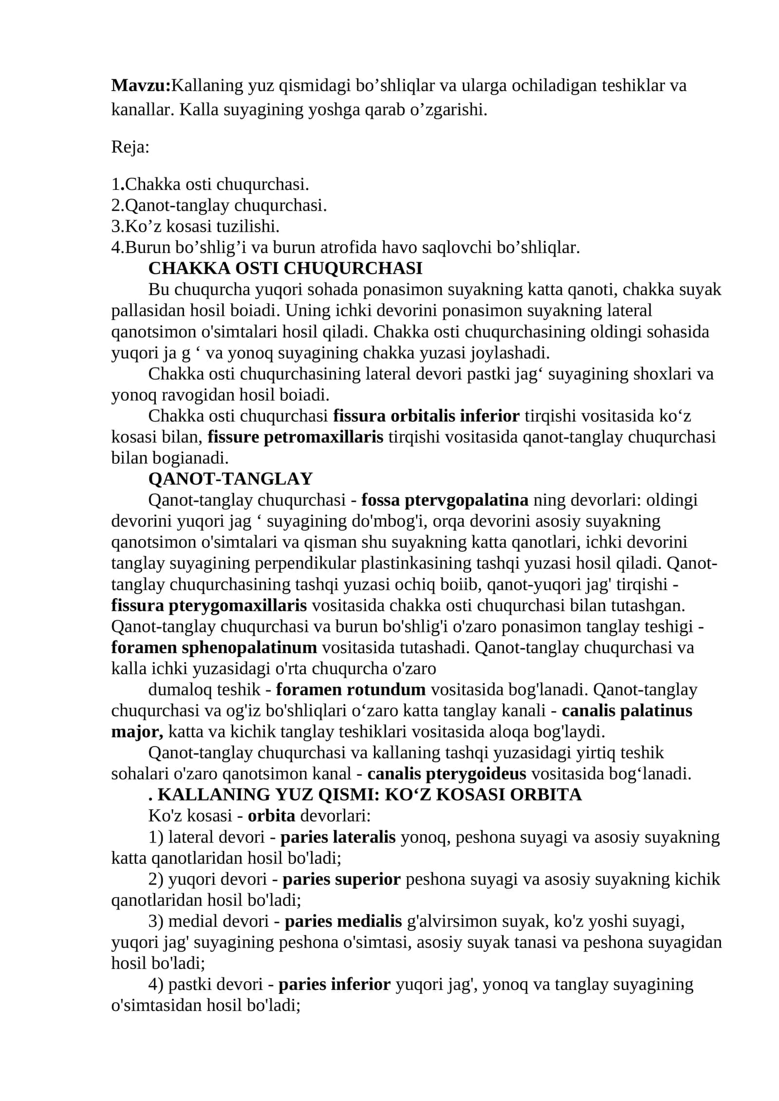 Kallaning yuz qismidagi bo’shliqlar va ularga ochiladigan teshiklar va kanallar 1