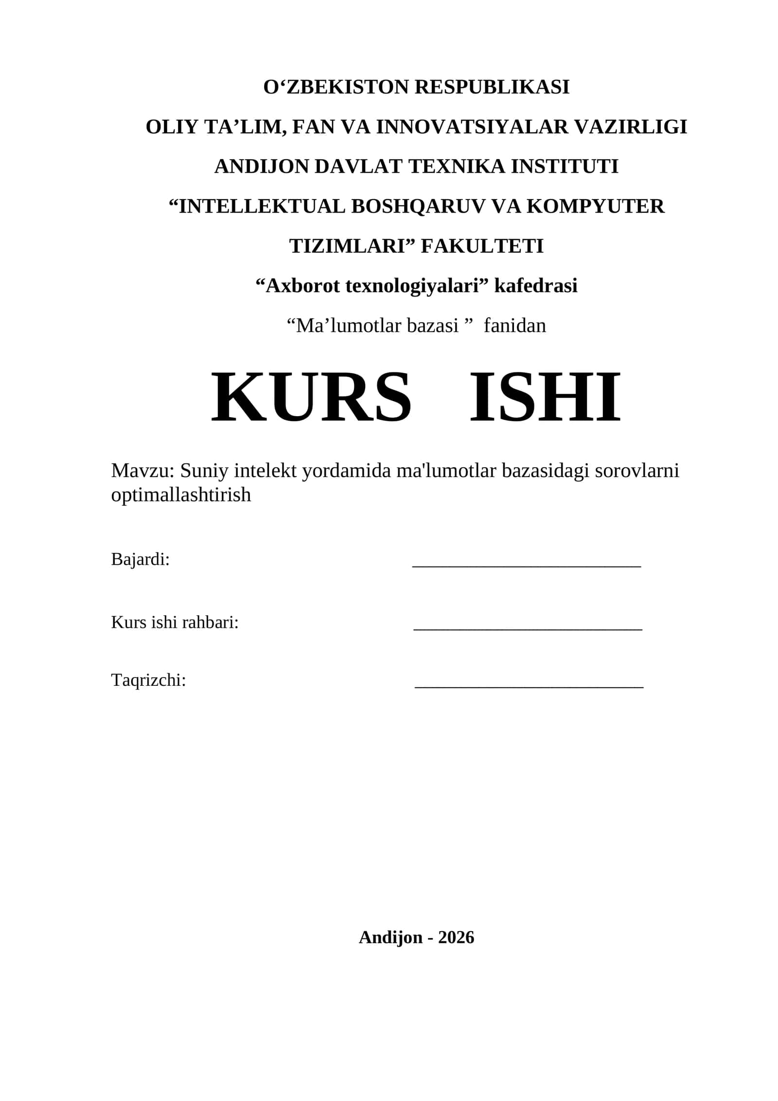 Suniy intelekt yordamida ma'lumotlar bazasidagi sorovlarni optimallashtirish 1