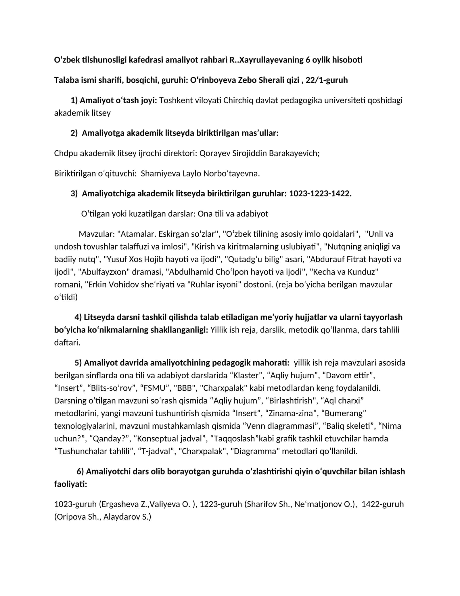 O‘zbek tilshunosligi kafedrasi amaliyot rahbari R..Xayrullayevaning 6 oylik hisoboti 1