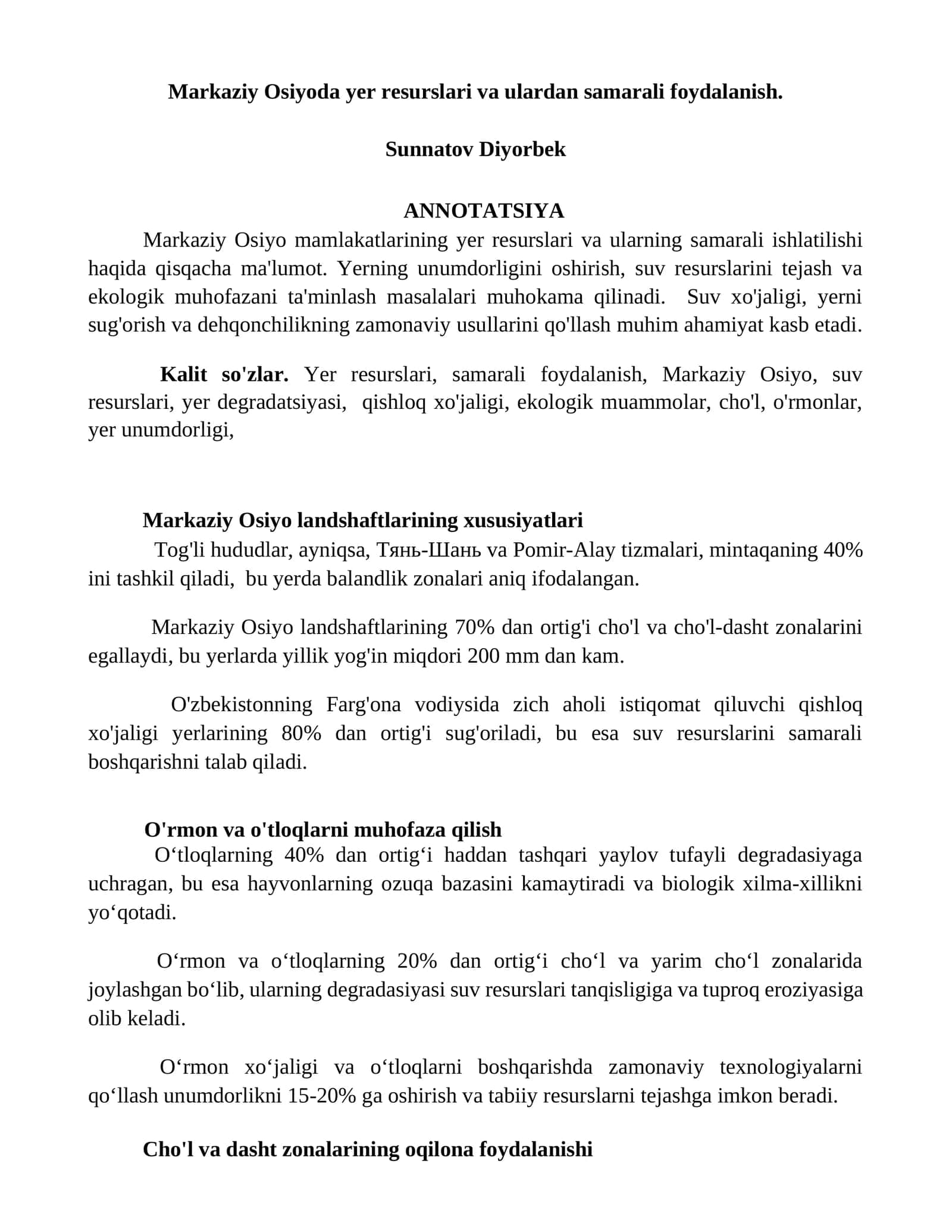 Markaziy Osiyoda yer resurslari va ulardan samarali foydalanish 1