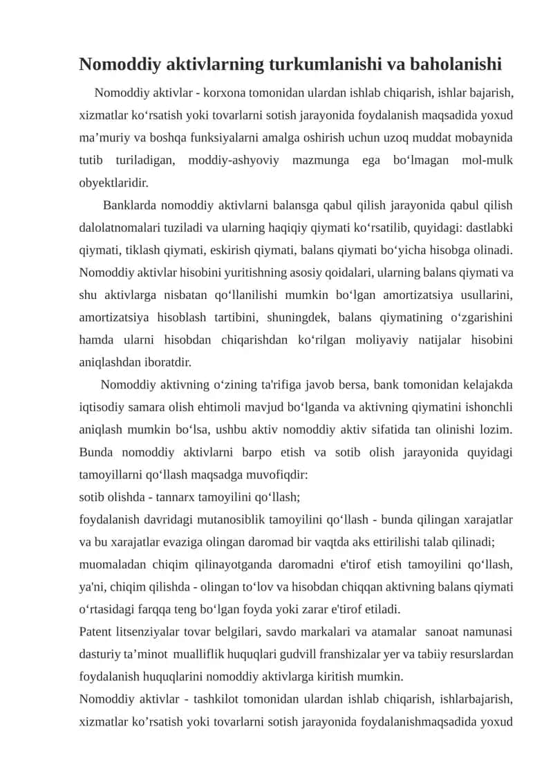 Nomoddiy aktivlarning turkumlanishi va baholanishi 1