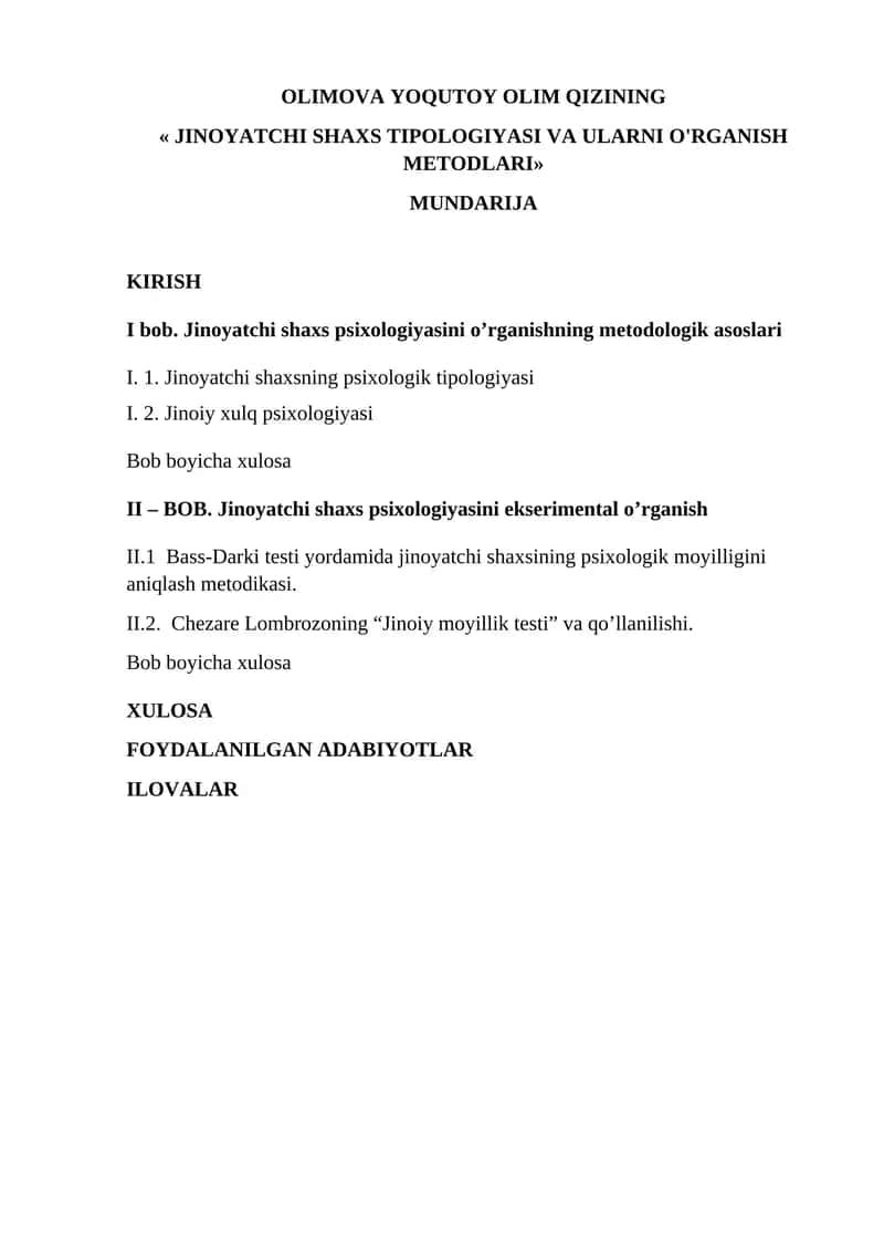 JINOYATCHI SHAXS TIPOLOGIYASI VA ULARNI O'RGANISH METODLARI 1
