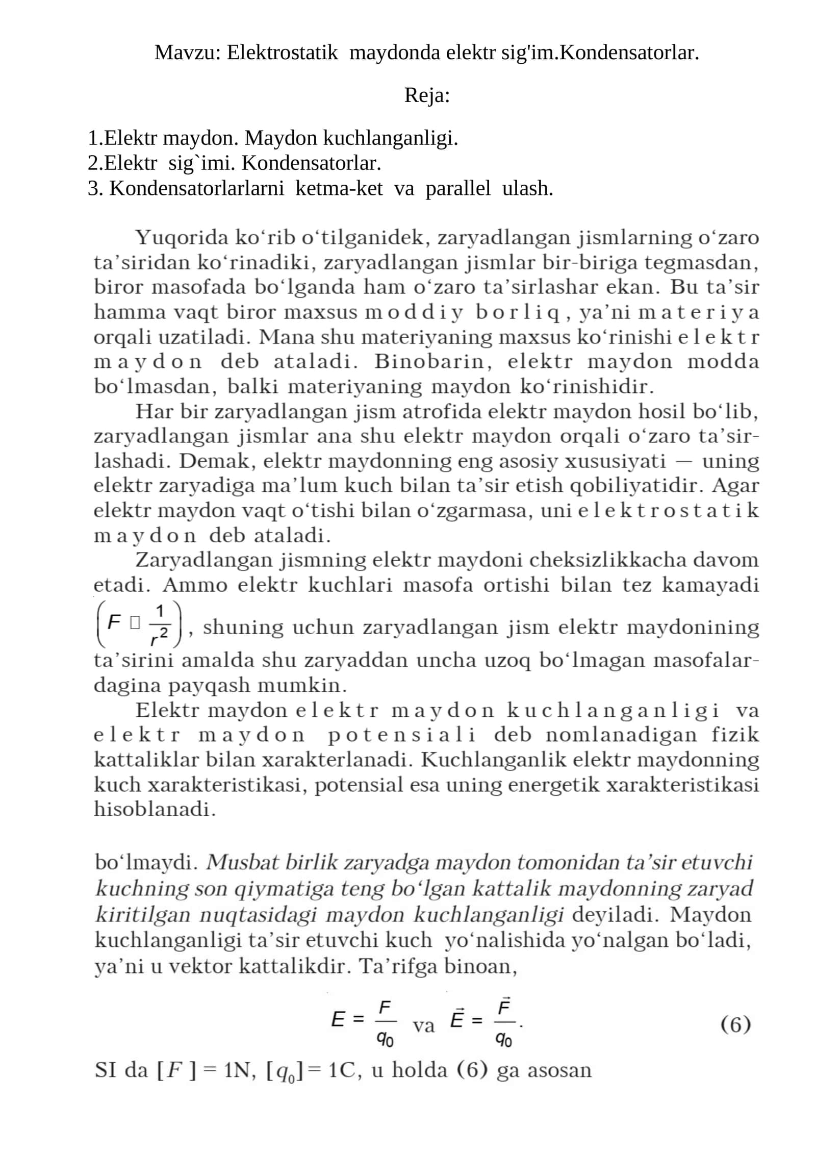 Elektrostatik maydonda elektr sig'im.Kondensatorlar 1