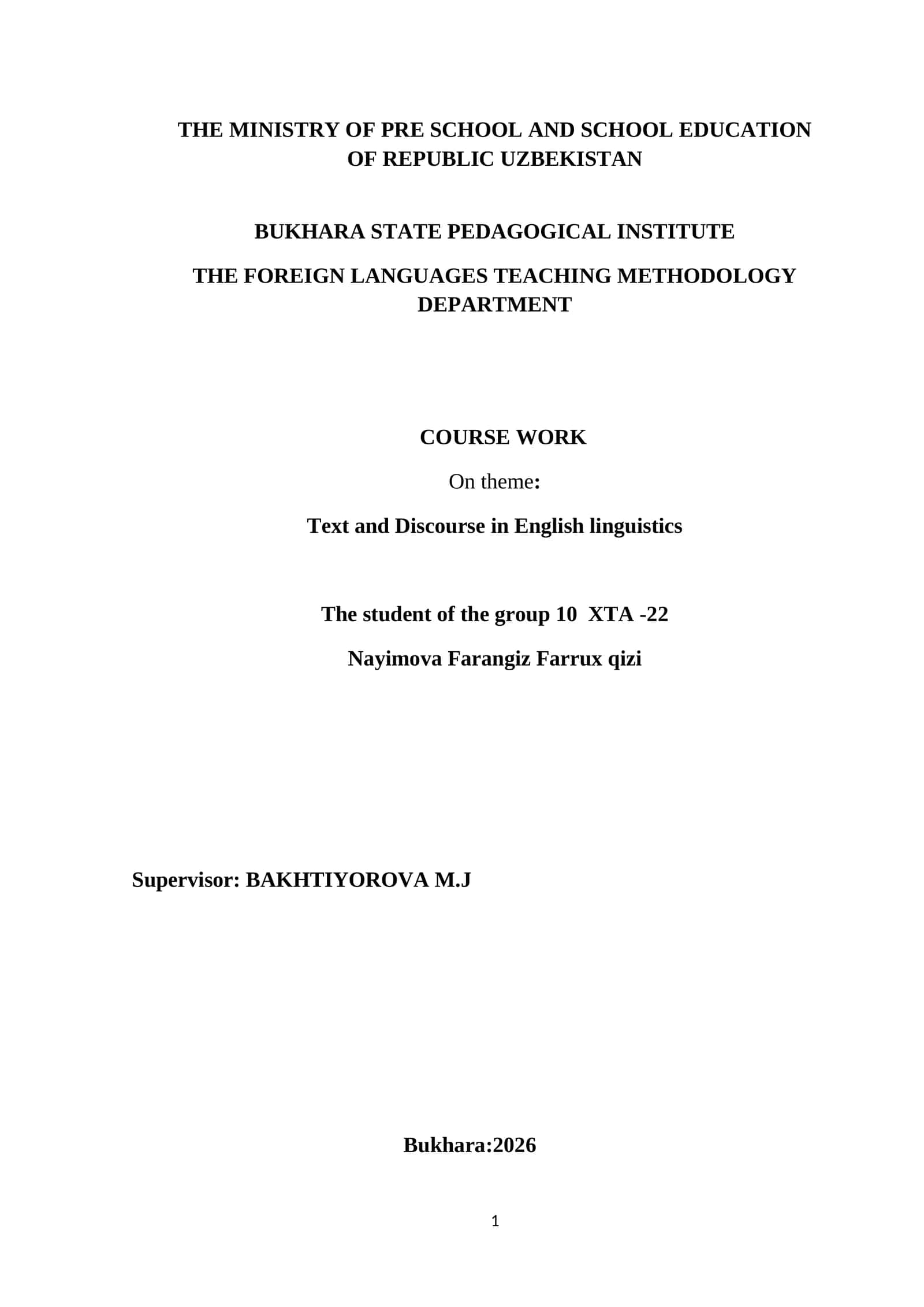 Course Work on Text and Discourse in English linguistics 1
