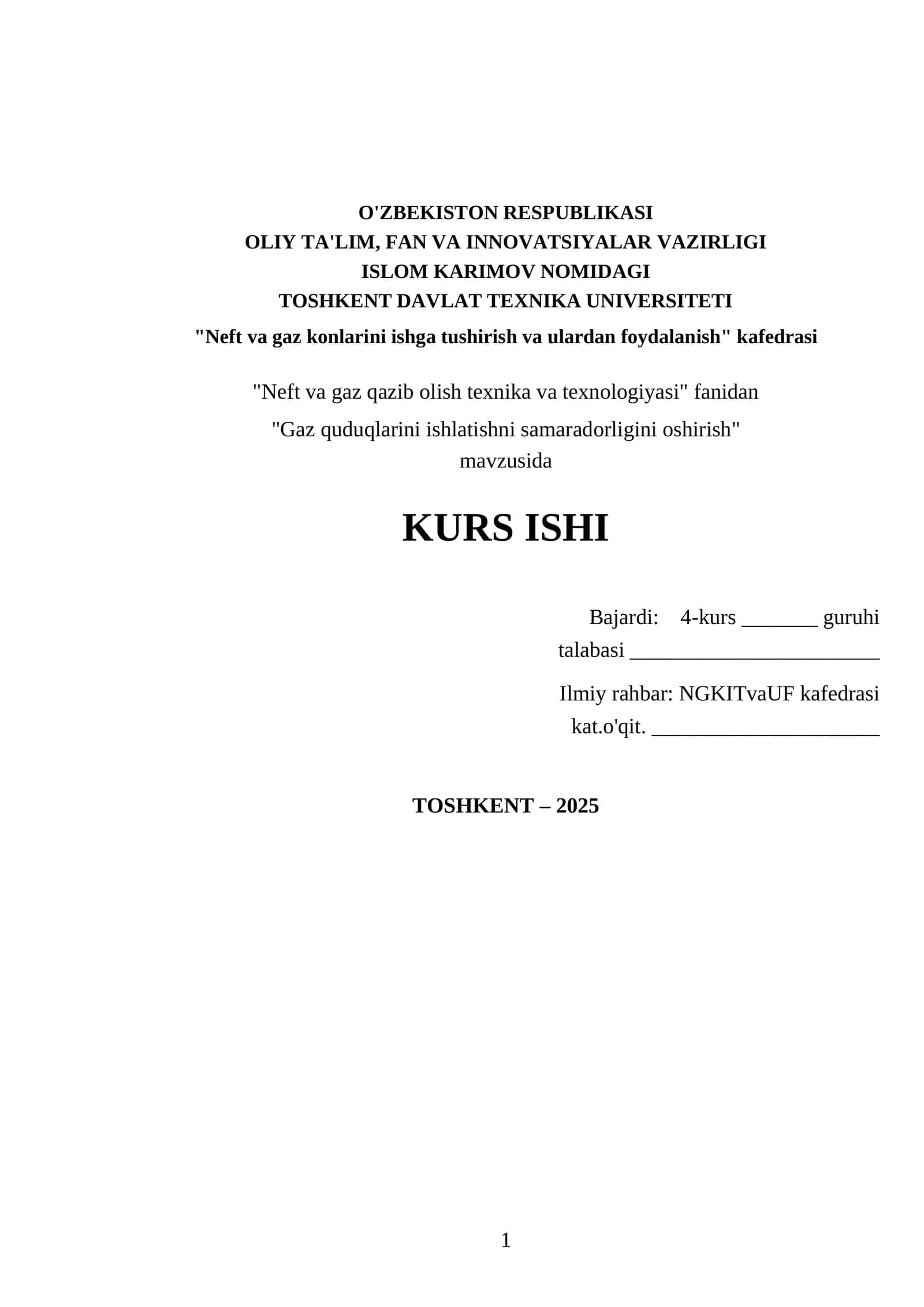 Neft va gaz quduqlarini ishlatishni samaradorligini oshirish 1