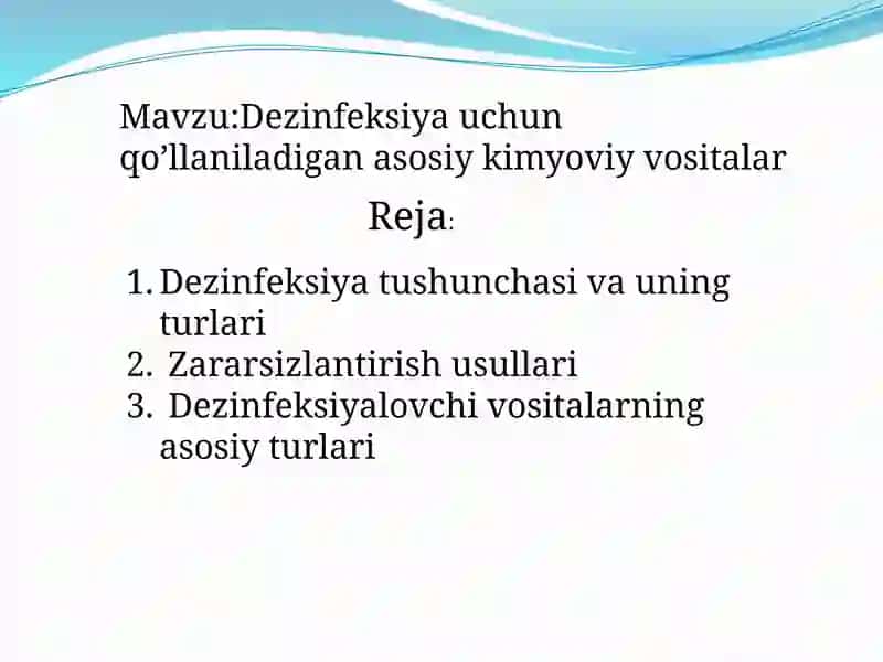 Dizenfeksiya uchun ishlatiladigan asosiy kimyoviy vosidalar