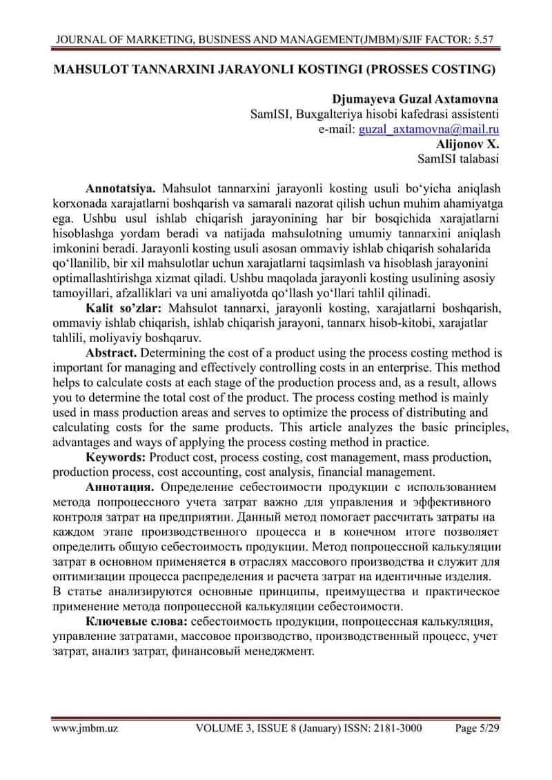 MAHSULOT TANNARXINI JARAYONLI KOSTINGI (PROSSES COSTING) 1