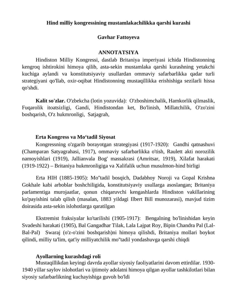 Hind milliy kongressining mustamlakachilikka qarshi kurashi 1
