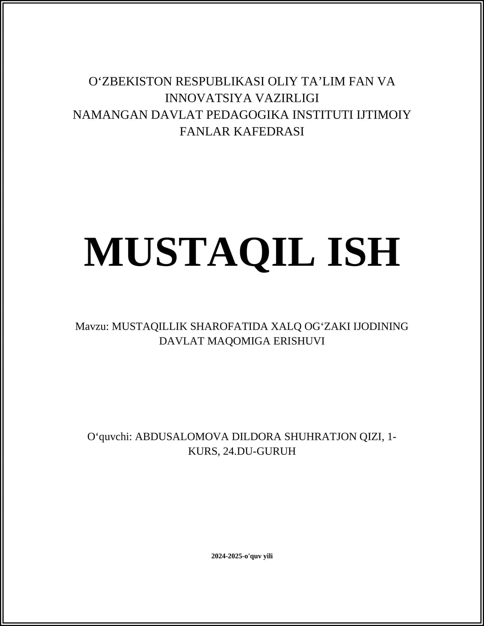 MUSTAQILLIK SHAROFATIDA XALQ OGʻZAKI IJODINING DAVLAT MAQOMIGA ERISHUVI 1