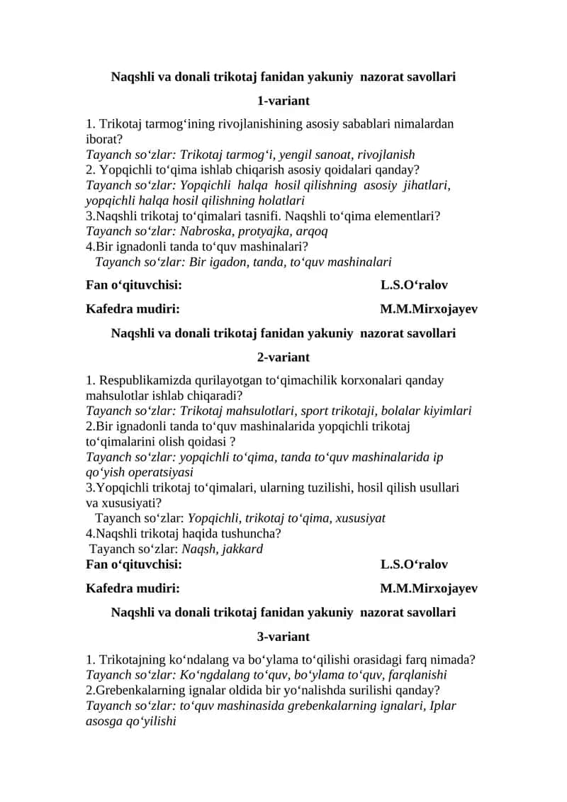 Naqshli va donali trikotaj fanidan yakuniy nazorat savollari 1