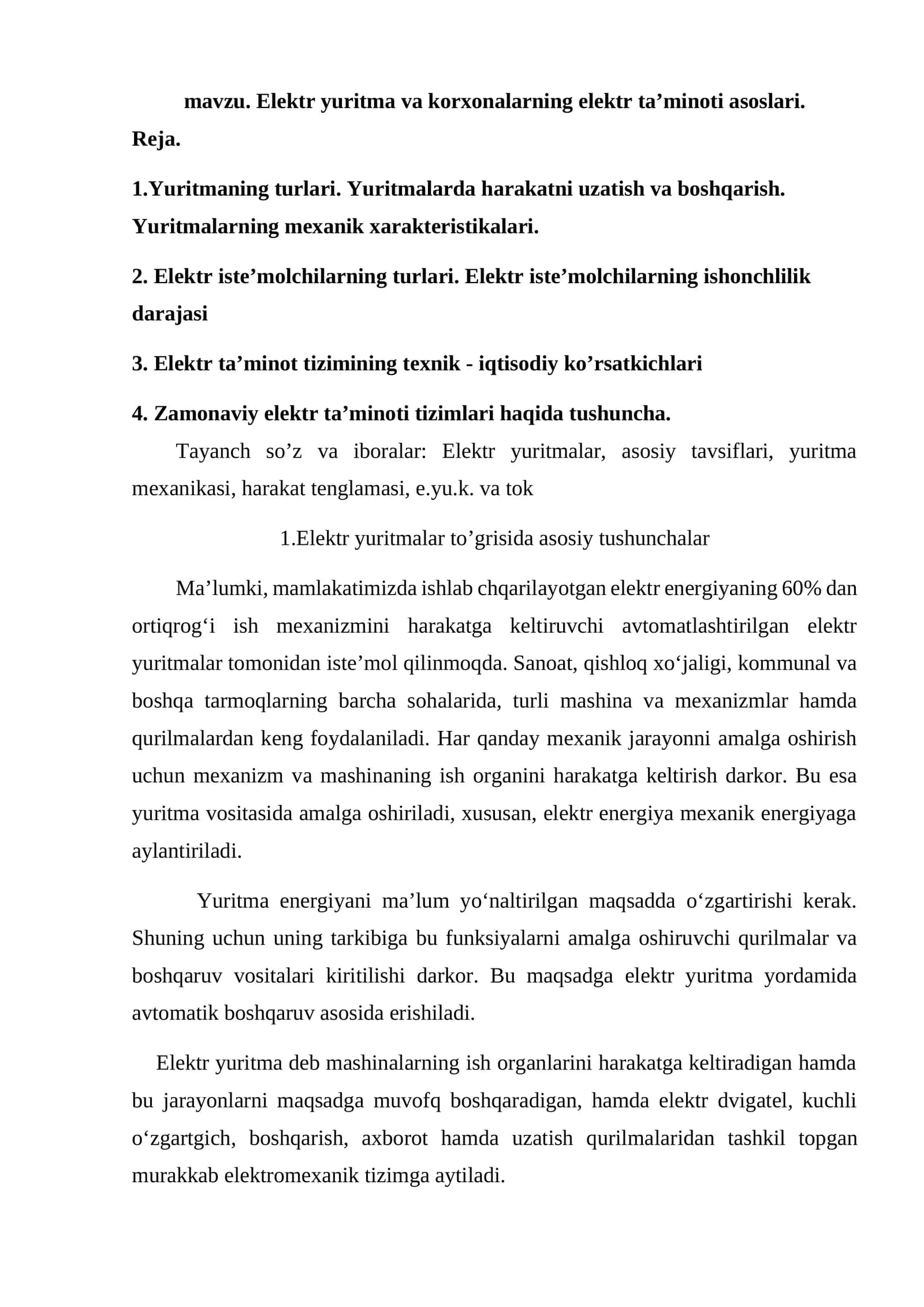 Elektr yuritma va korxonalarning elektr ta’minoti asoslari 1
