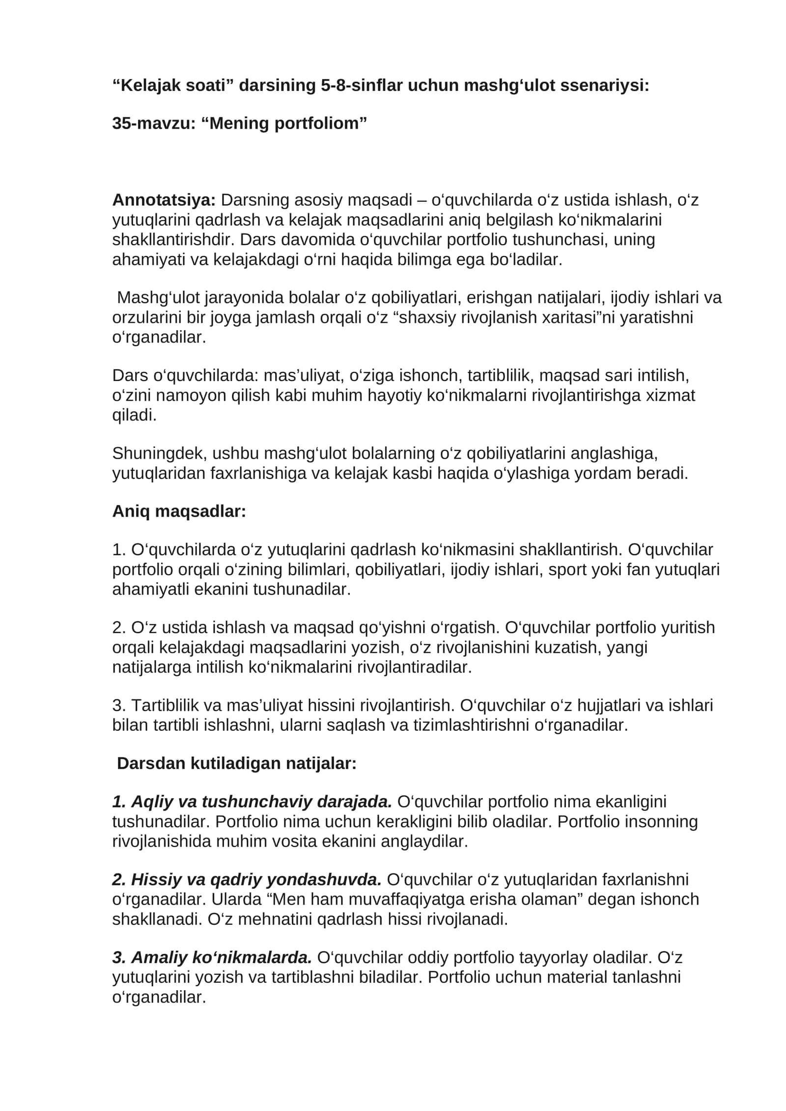 “Kelajak soati” darsining 5-8-sinflar uchun mashg‘ulot ssenariysi 1
