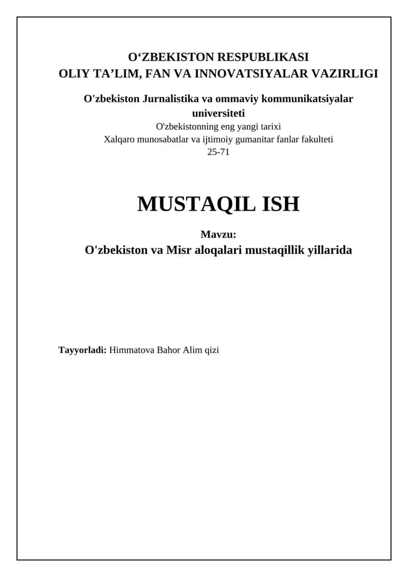 O'zbekiston va Misr aloqalari mustaqillik yillarida 1