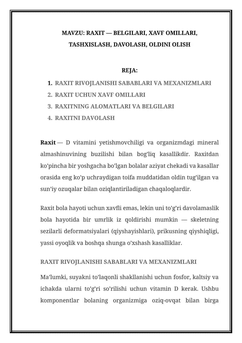 RAXIT — BELGILARI, XAVF OMILLARI, TASHXISLASH, DAVOLASH, OLDINI OLISH 1