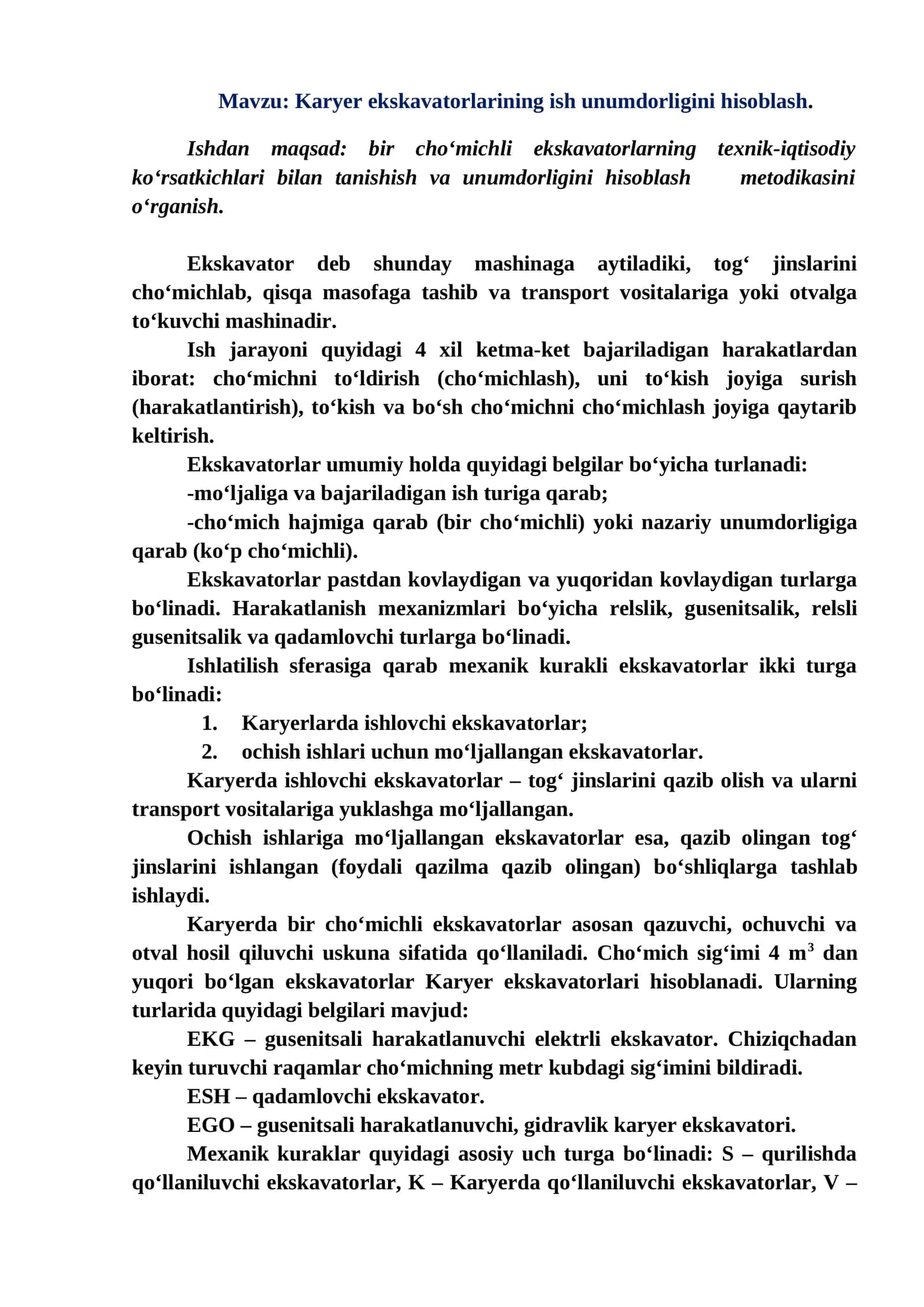 Karyer ekskavatorlarining ish unumdorligini hisoblash 1