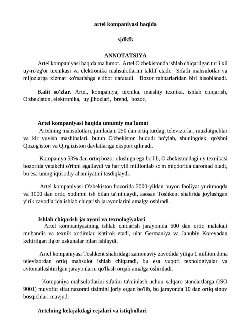 Artel kompaniyasi haqida 1