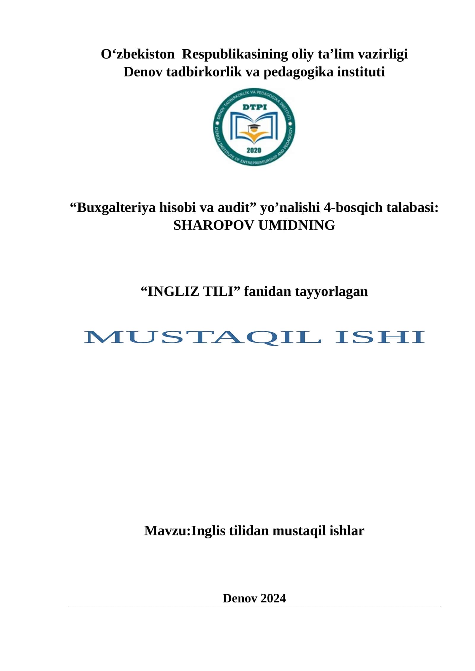 INGLIZ TILI fanidan tayyorlagan MUSTAQIL ISHI 1