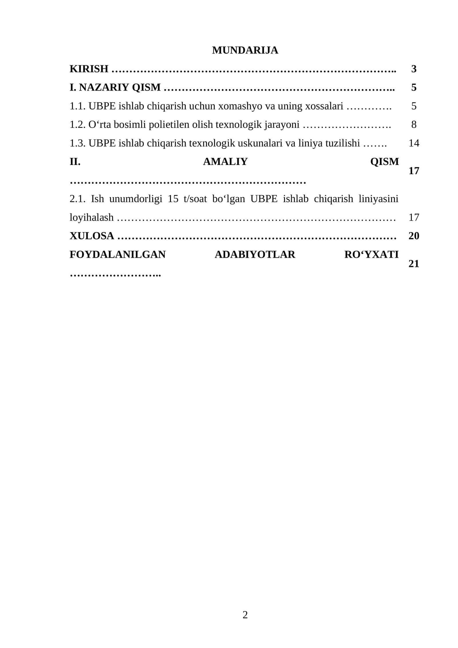 Ish unumdorligini 15 t/soat boʻlgan oʻrta bosimli polietilen (UBPE) ishlab chiqarish liniyasi loyihalash 1
