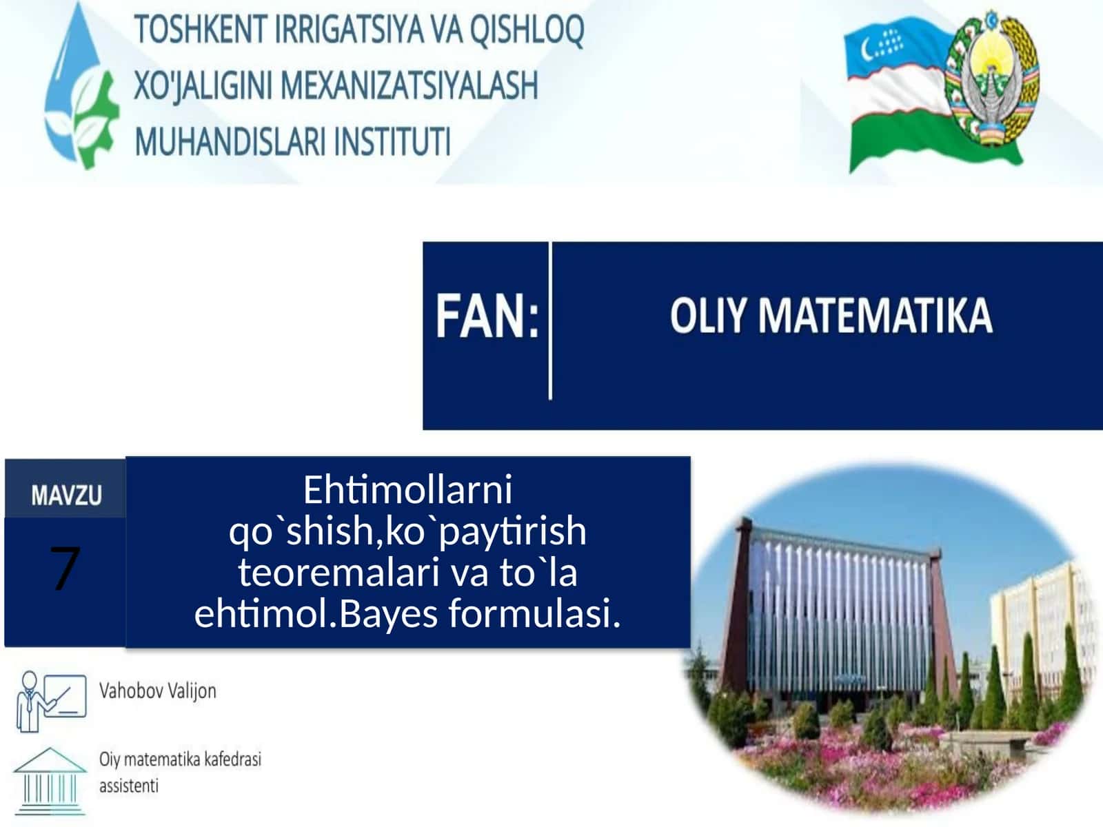 Ehtimollarni qo`shish, ko`paytirish teoremalari va to`la ehtimol. Bayes formulasi 1
