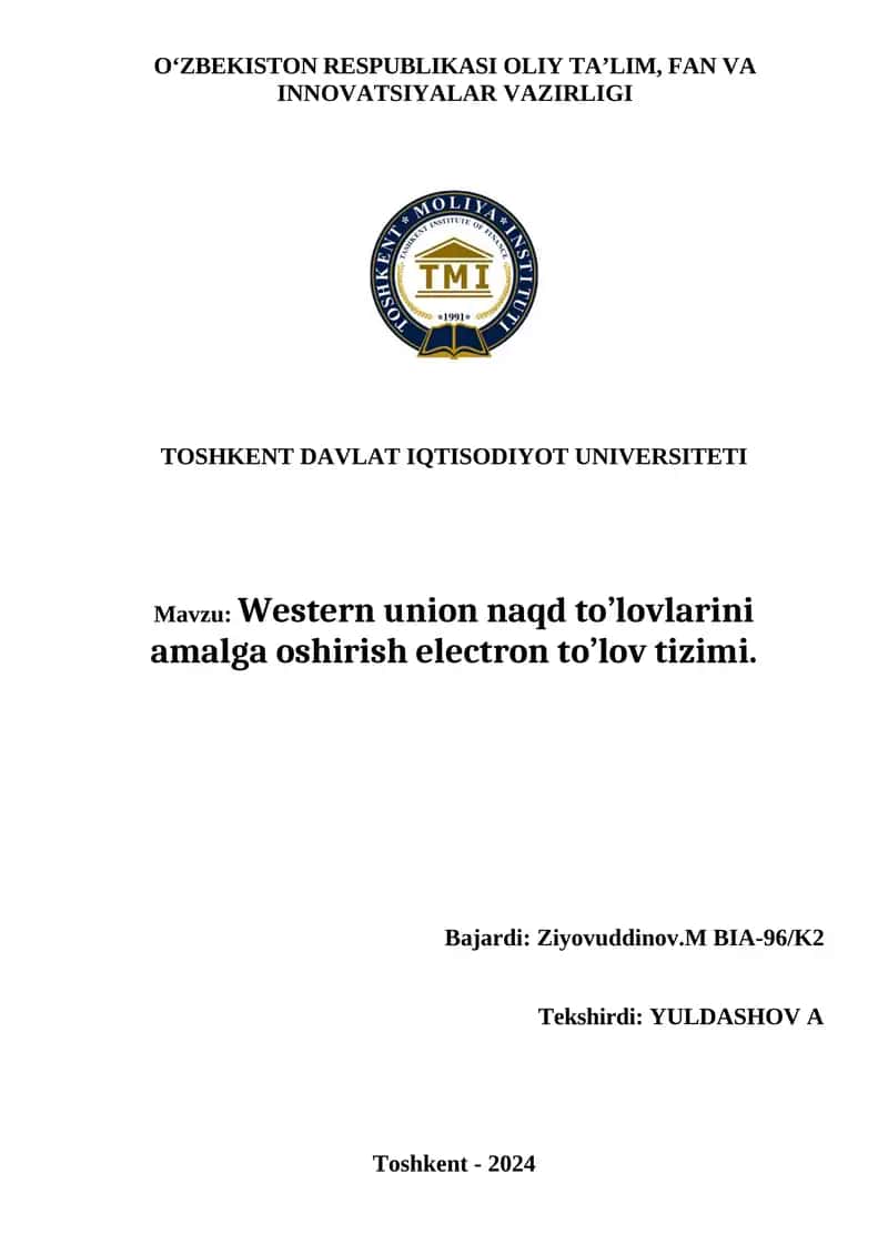 Western Union naqd to’lovlarini amalga oshirish electron to’lov tizimi 1