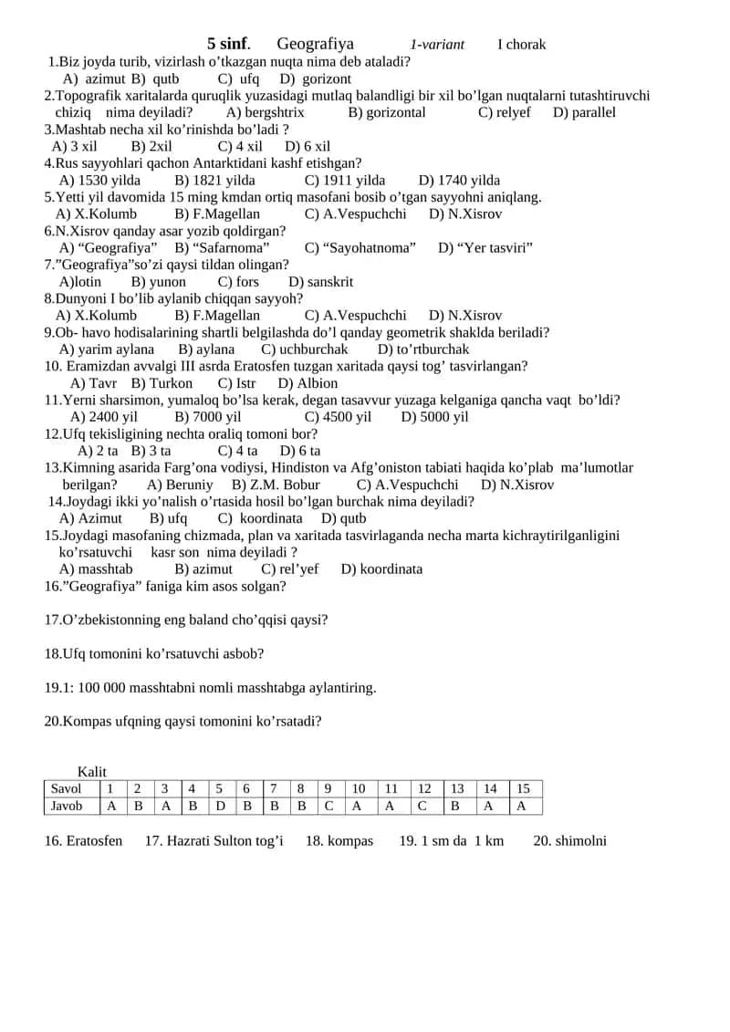5 sinf. Geografiya 1-variant I chorak 1