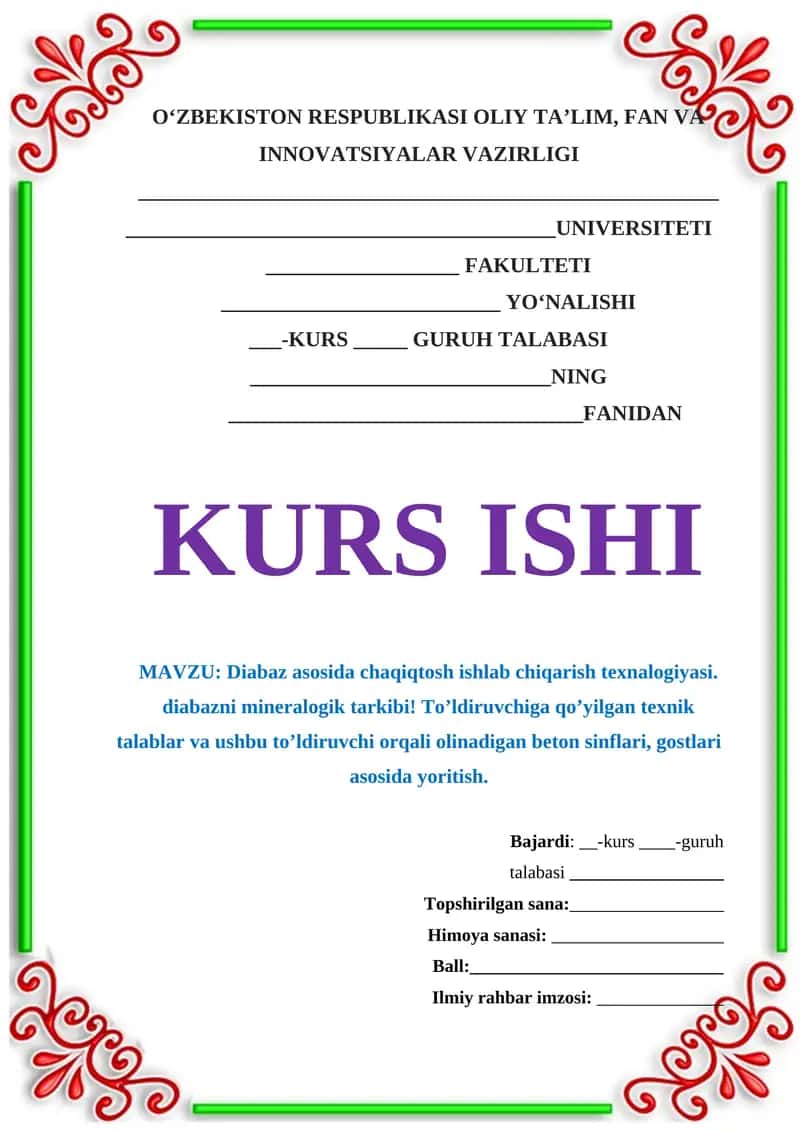 kurs ishi. Diabaz asosida chaqiqtosh ishlab chiqarish texnalogiyasi. diabazni mineralogik tarkibi! To’ldiruvchiga qo’yilgan texnik talablar va ushbu to’ldiruvchi orqali olinadigan beton sinflari, gostlari asosida 1