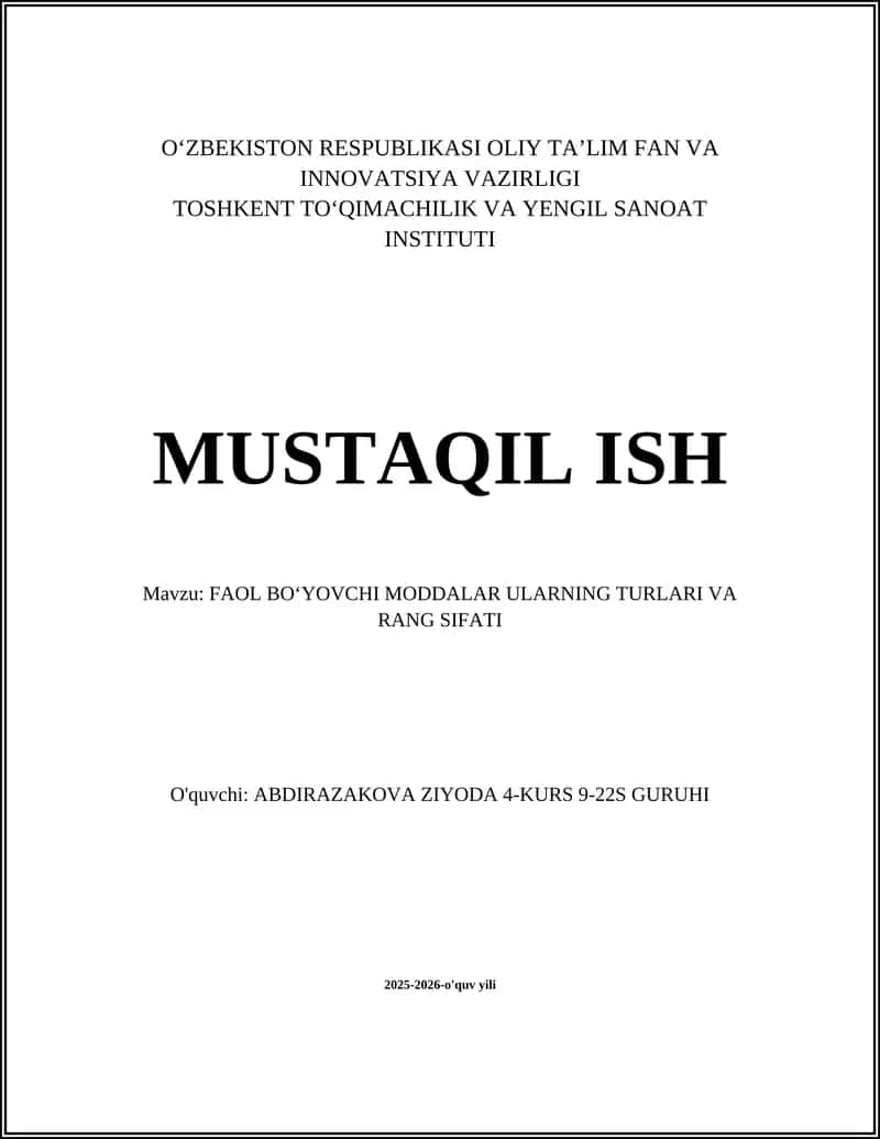 FAOL BOʻYOVCHI MODDALAR ULARNING TURLARI VA RANG SIFATI 1