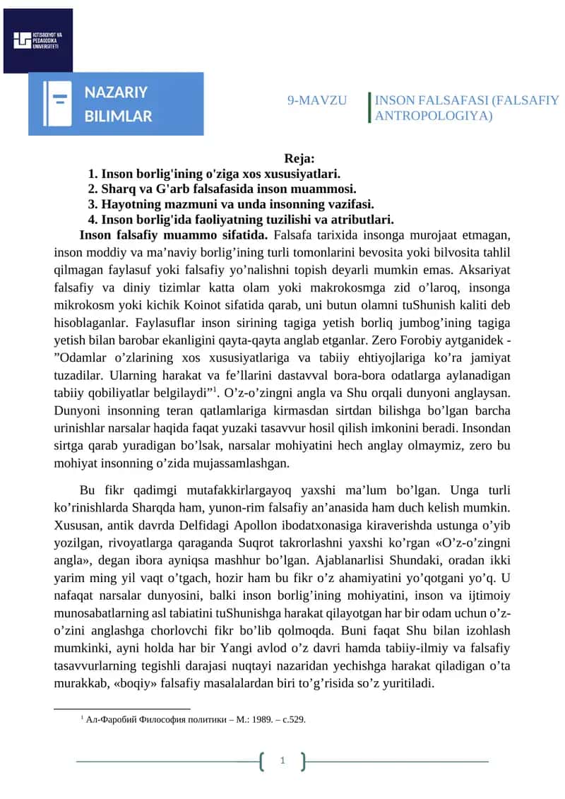 INSON FALSAFASI (FALSAFIY ANTROPOLOGIYA) 1