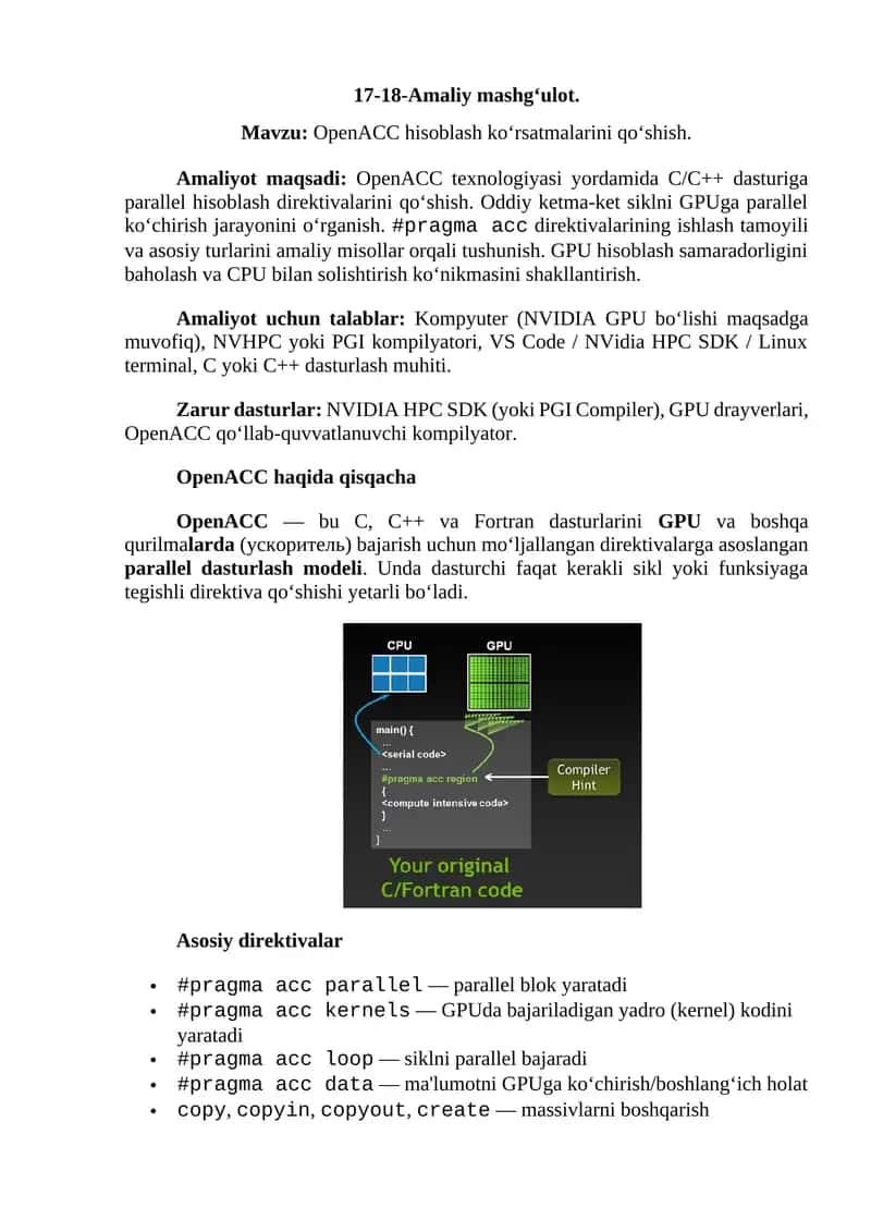 OpenACC hisoblash ko‘rsatmalarini qo‘shish 1