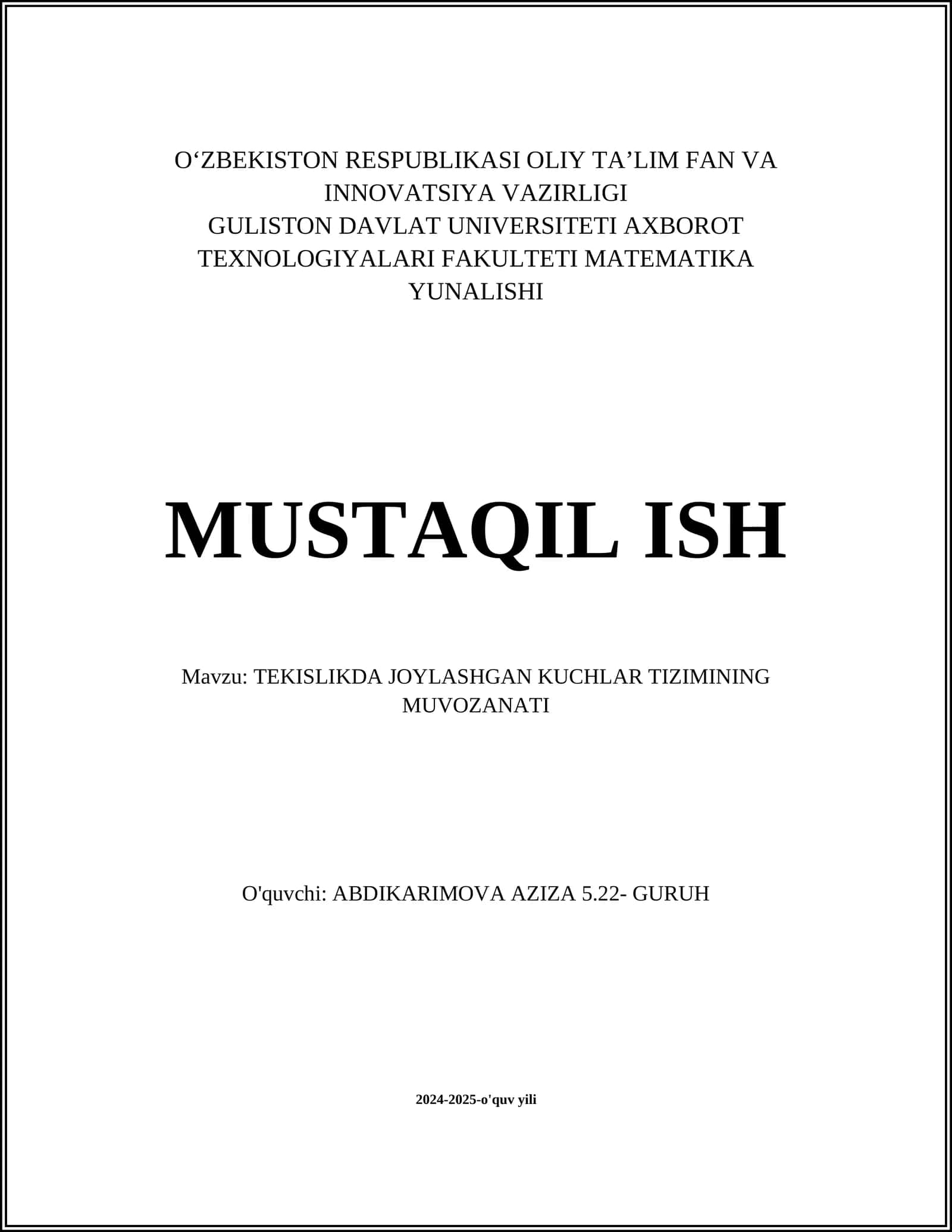 TEKISLIKDA JOYLASHGAN KUCHLAR TIZIMINING MUVOZANATI 1