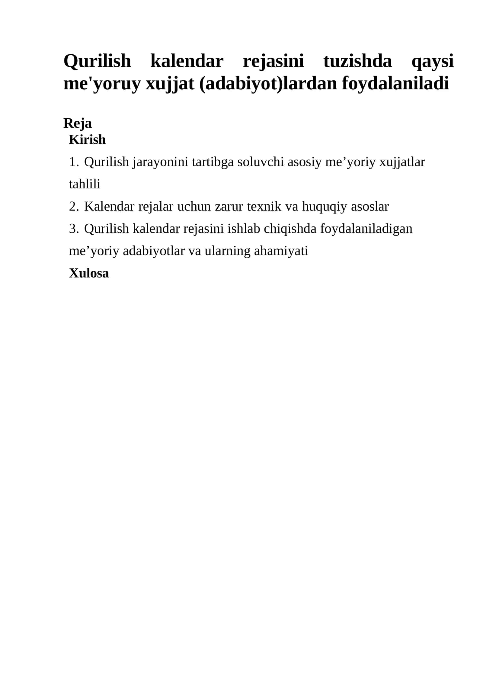 Kalendar rejalar uchun zarur texnik va huquqiy asoslar 1