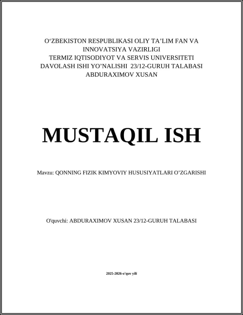 Qonning fizik kimyoviy hususiyatleri o'zgarishi 1