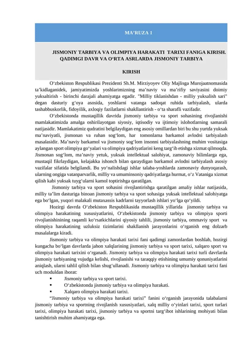 JISMONIY TARBIYA VA OLIMPIYA HARAKATI TARIXI FANIGA KIRISH 1