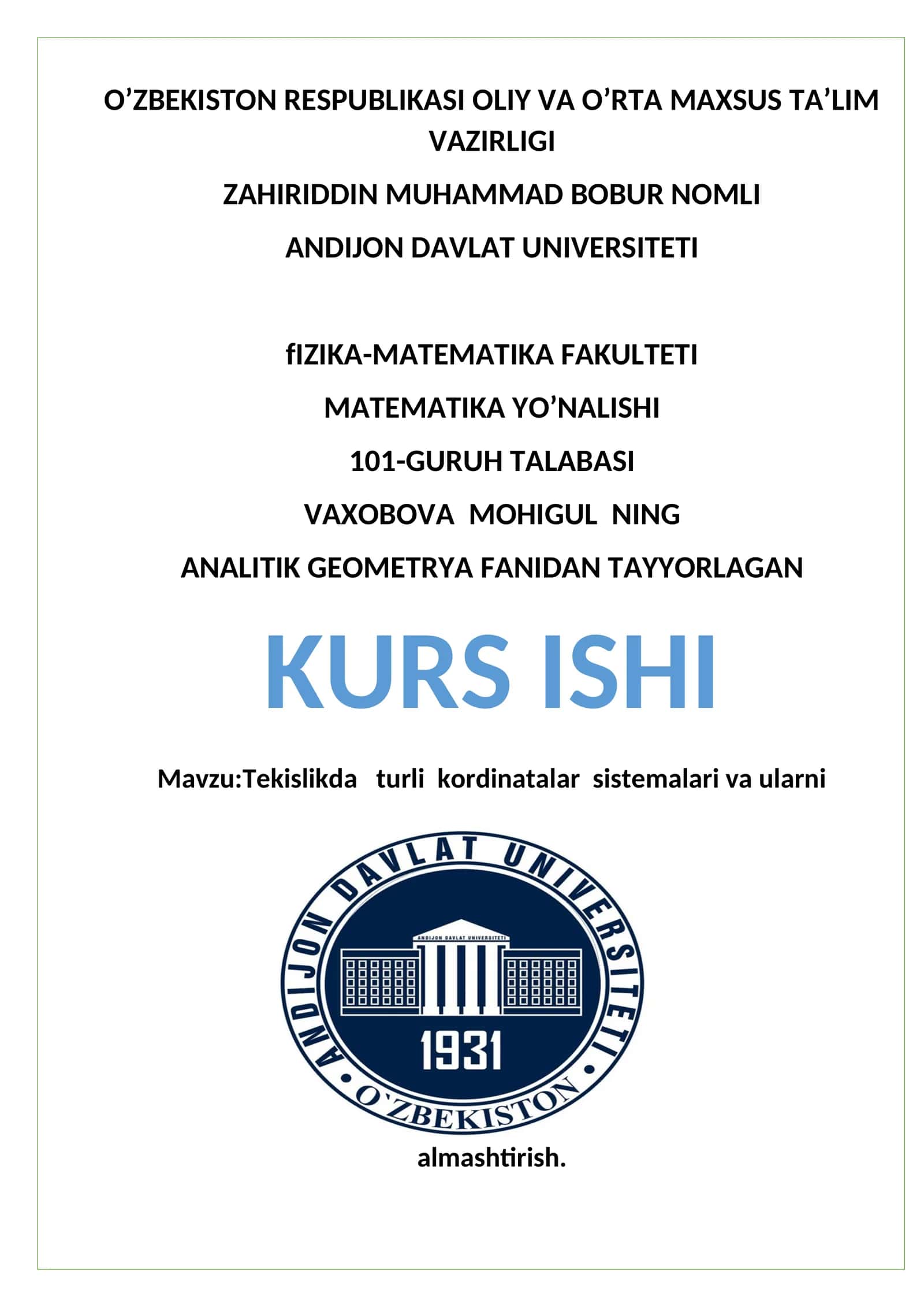Tekislikda turli kordinatalar sistemalari va ularni almashtirish 1