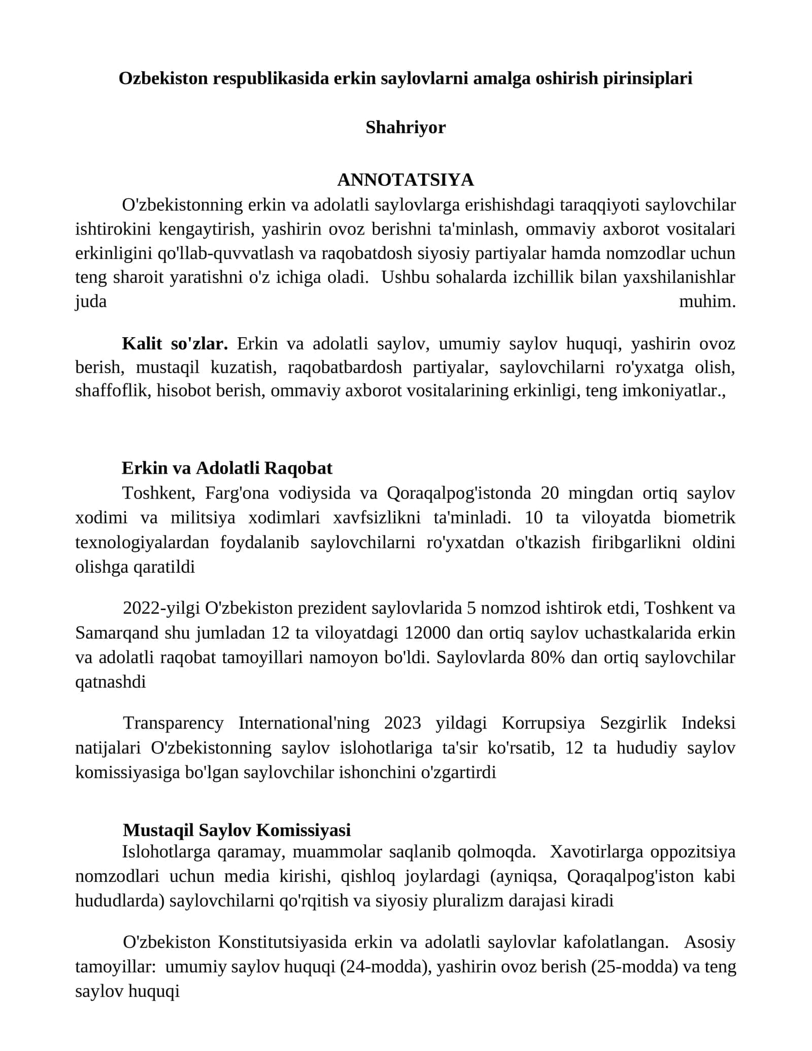 O'zbekiston Respublikasida Erkin Saylovlarni Amalga Oshirish Pirinsiplari 1