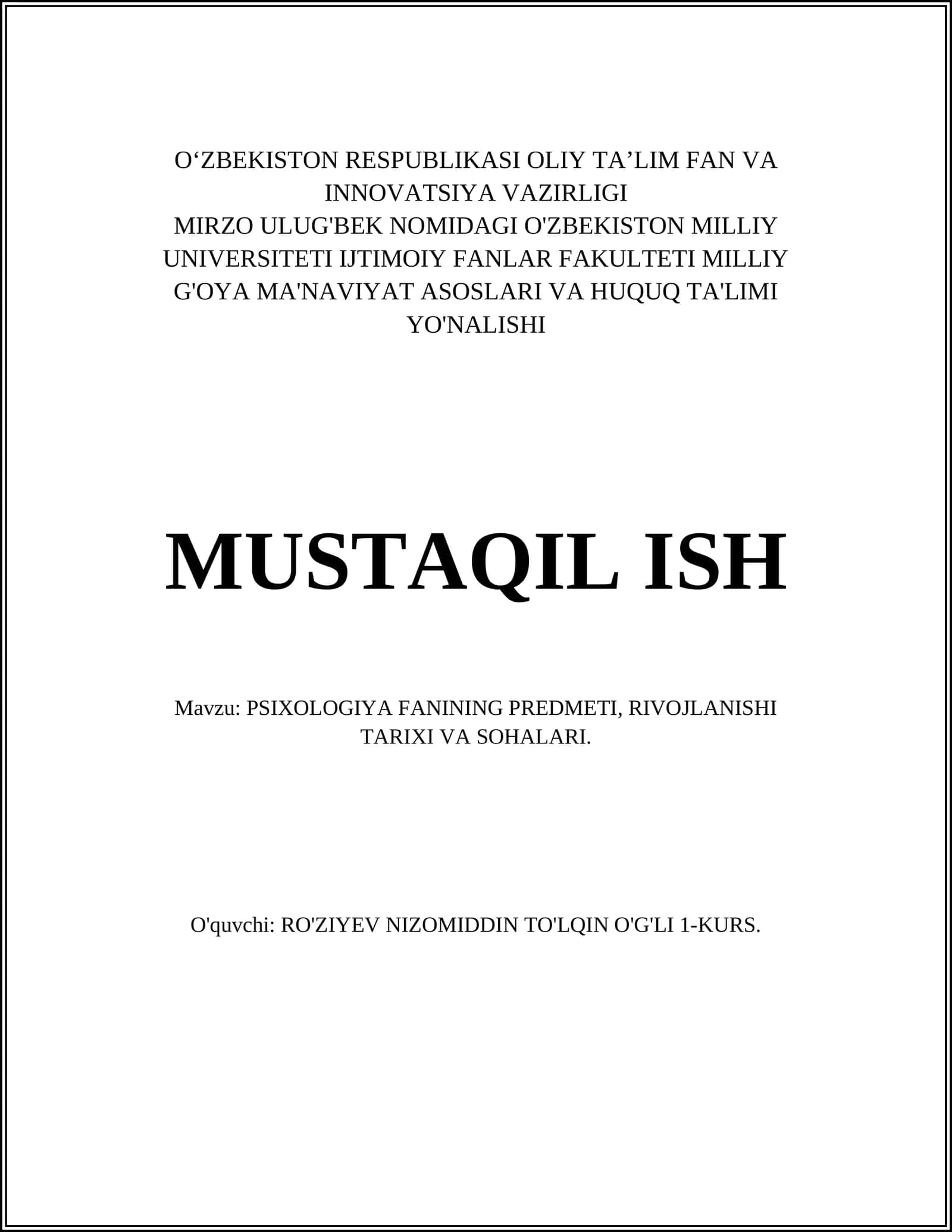 PSIXOLOGIYA FANINING PREDMETI, RIVOJLANISHI TARIXI VA SOHALARI 1