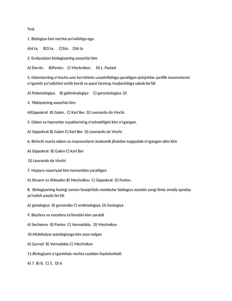 Biologiya Test Topshiriqlar 1