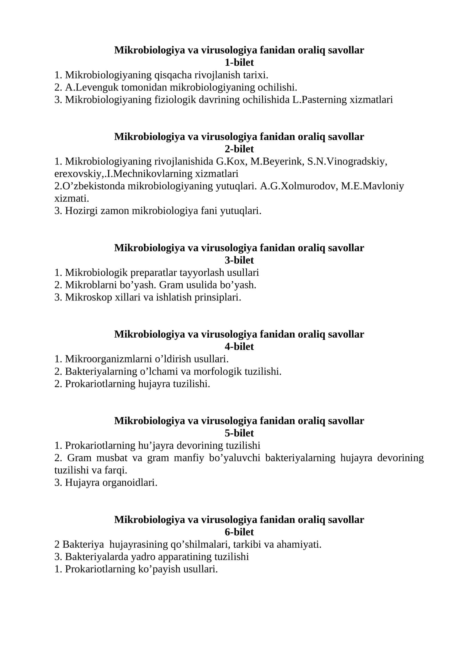 Mikrobiologiya va virusologiya fanidan oraliq savollar 1