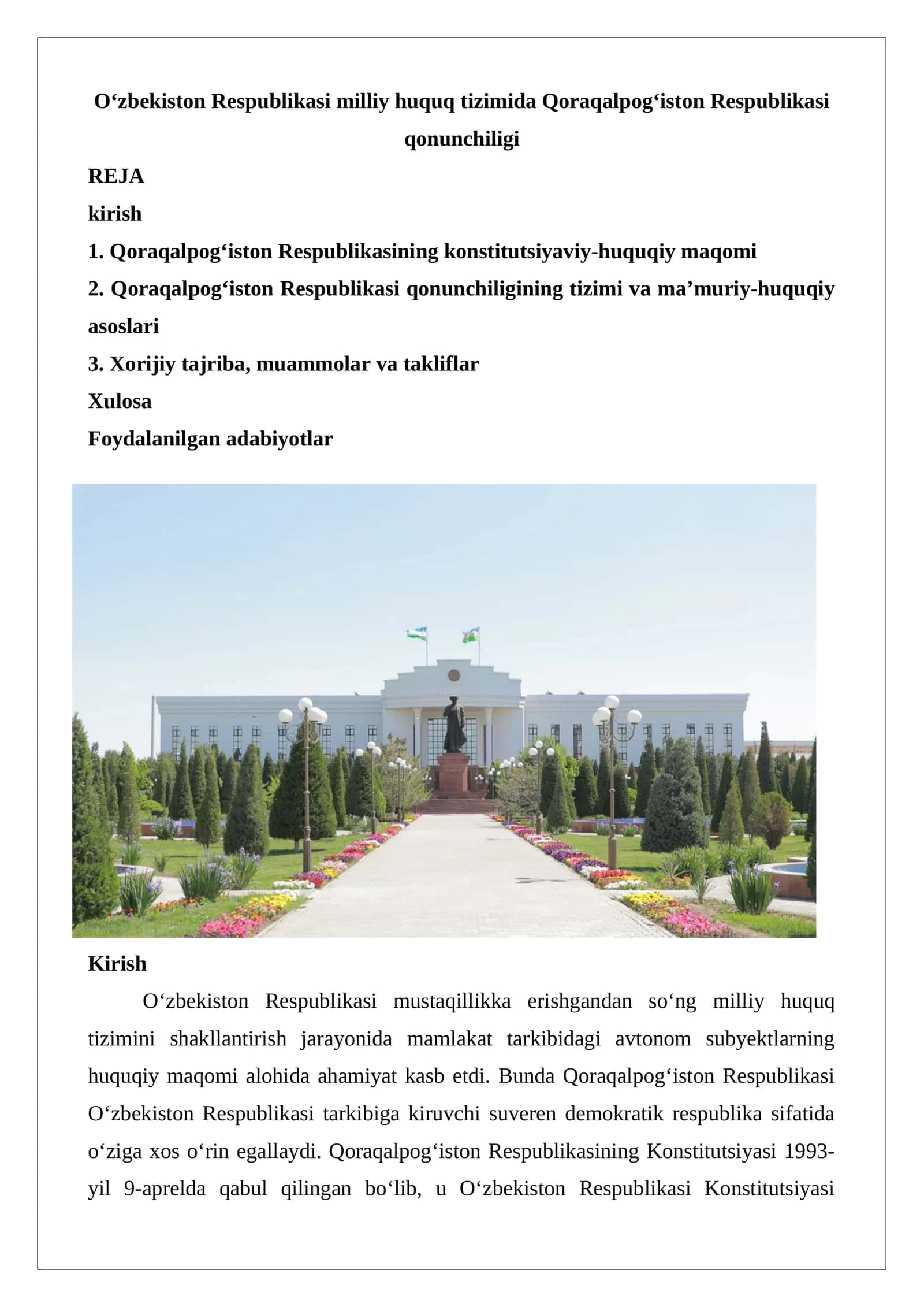 O‘zbekiston Respublikasi milliy huquq tizimida Qoraqalpog‘iston Respublikasi qonunchiligi 1