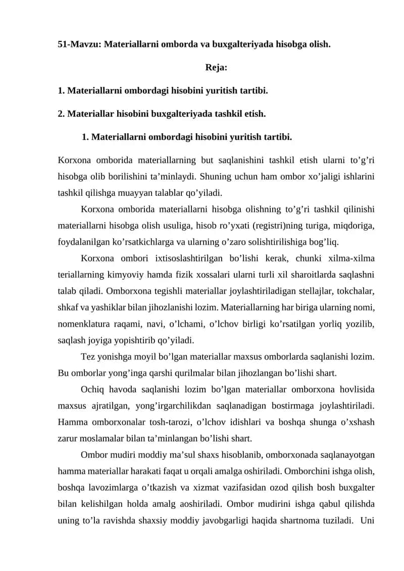 Materiallarni omborda va buxgalteriyada hisobga olish 1